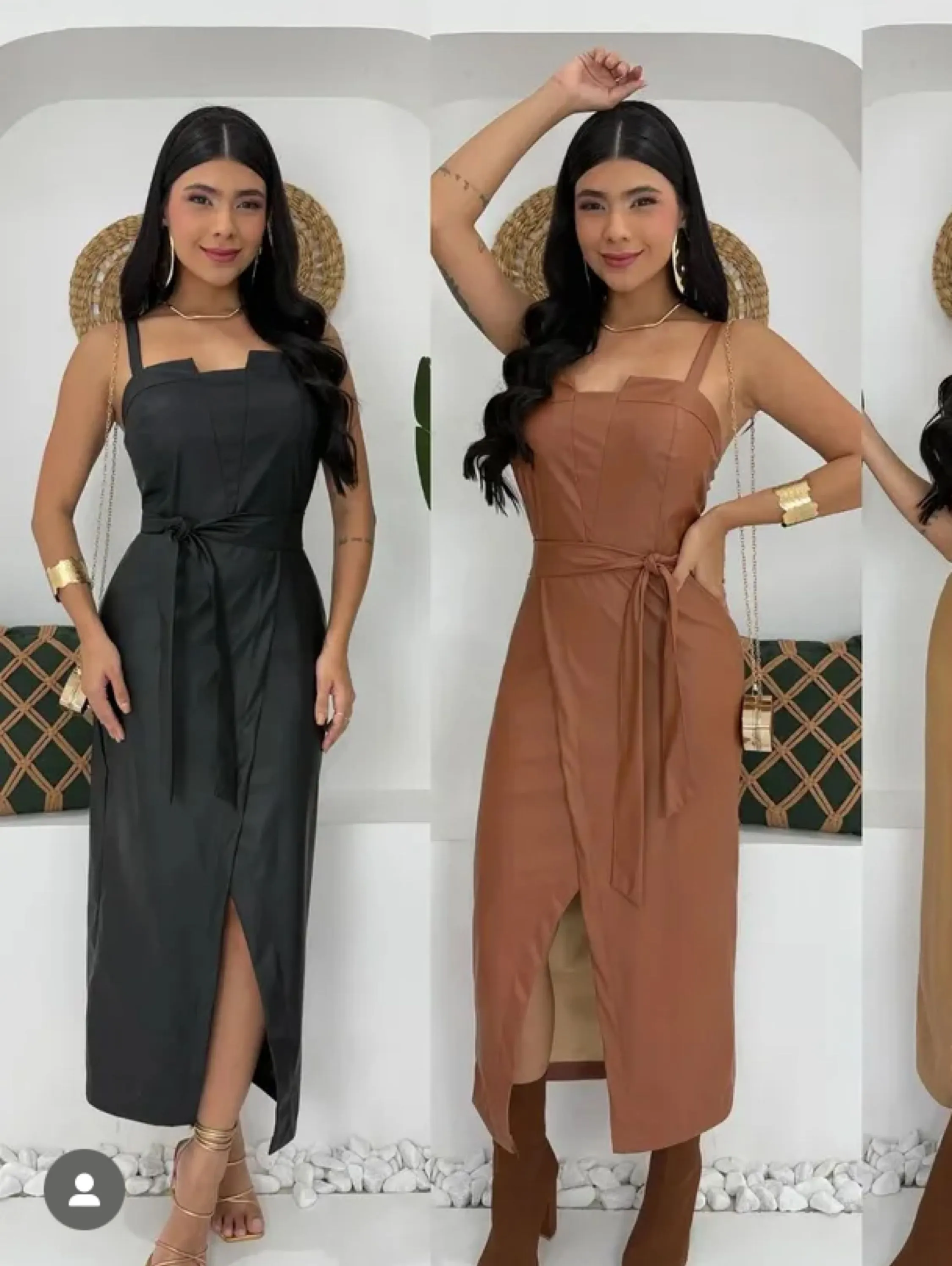 Vestido mídi com fenda ecinto de amarrar couro fake