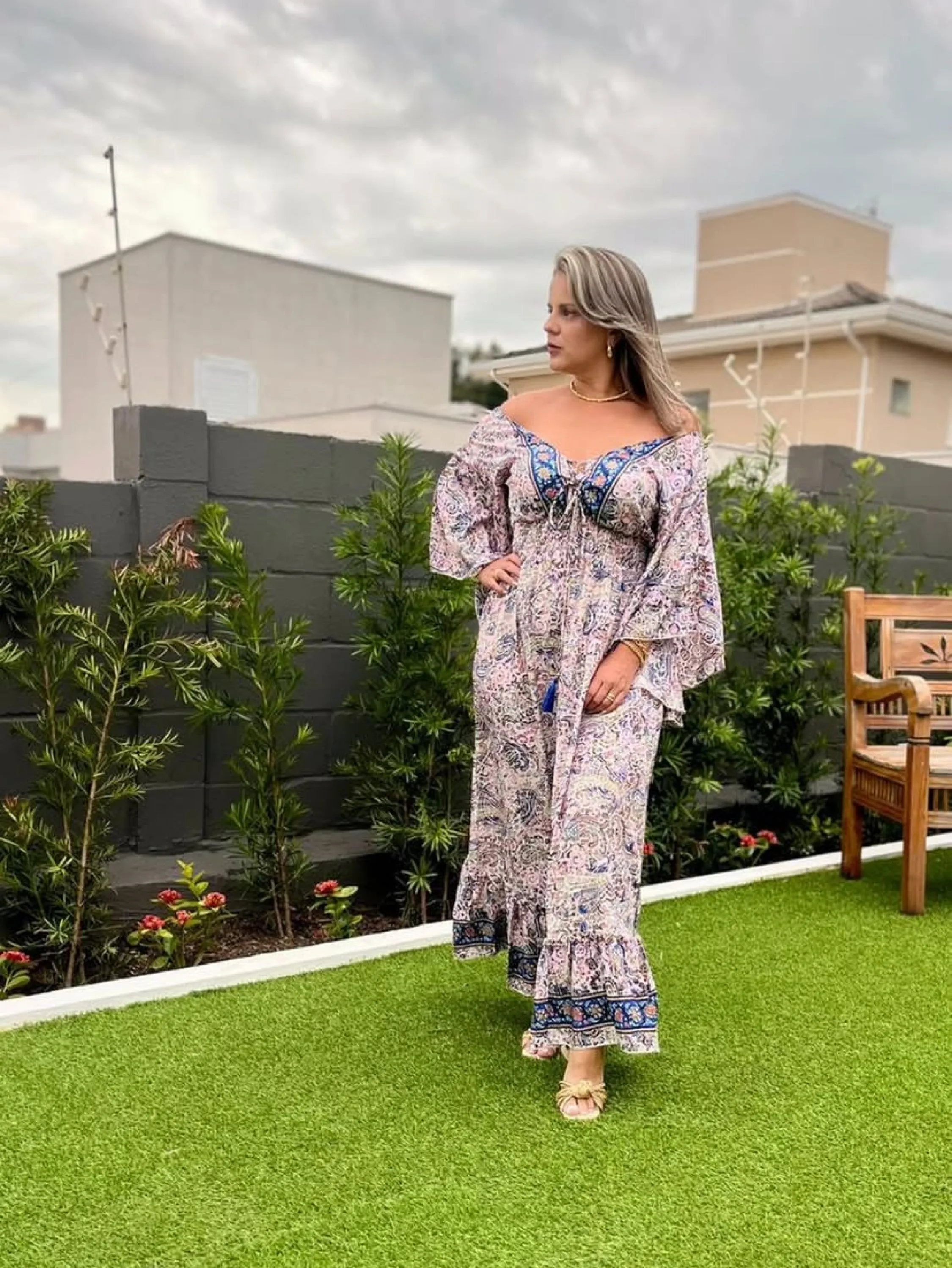 Vestido estampado tecido viscose tamanho único veste até 42