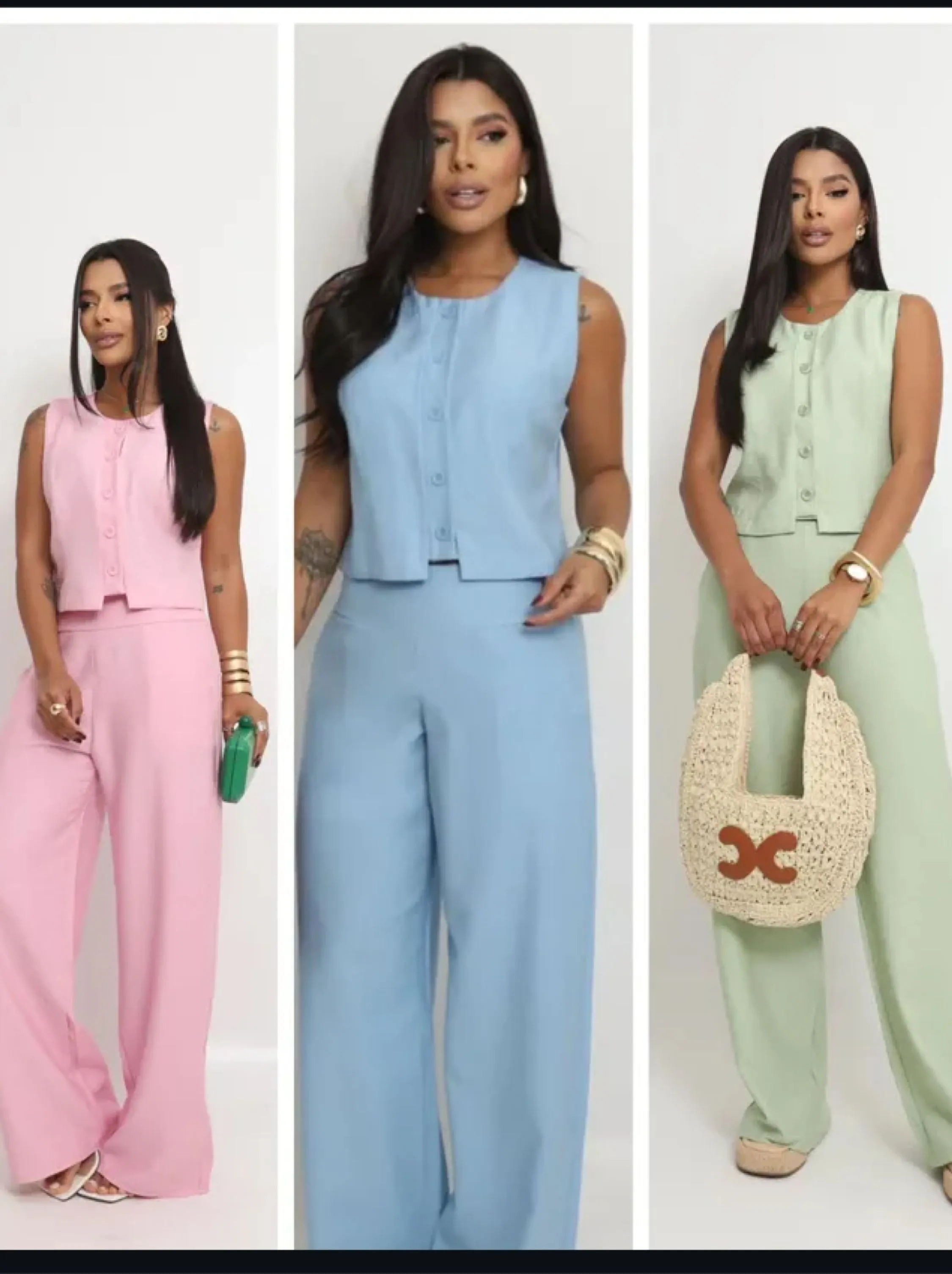 Conjunto Pantalona com bolsos e regata tecido marrante