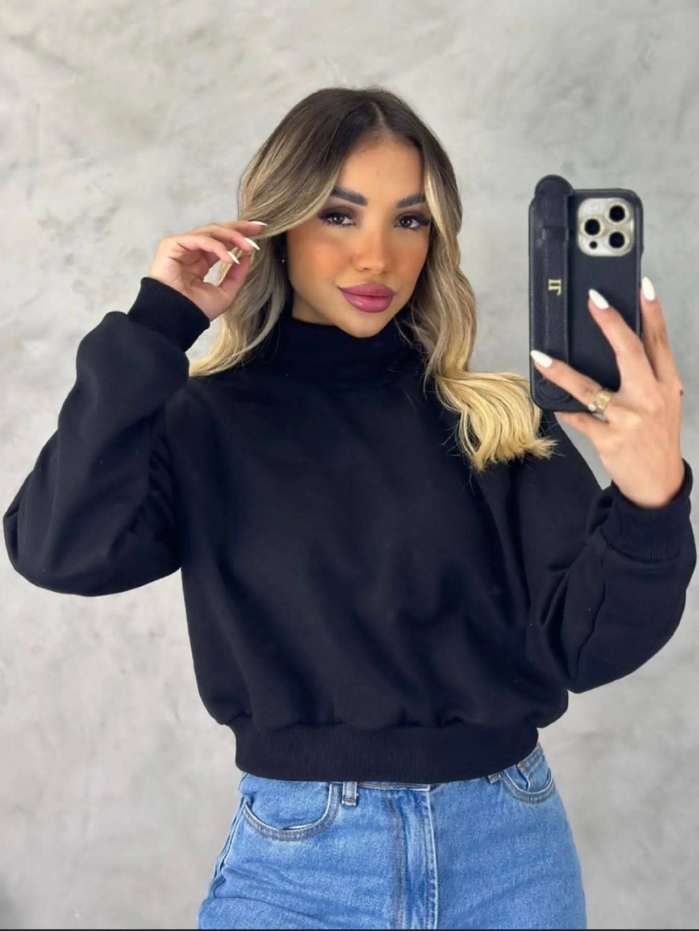 Crooped de moletom gola alta flanelado veste até 42