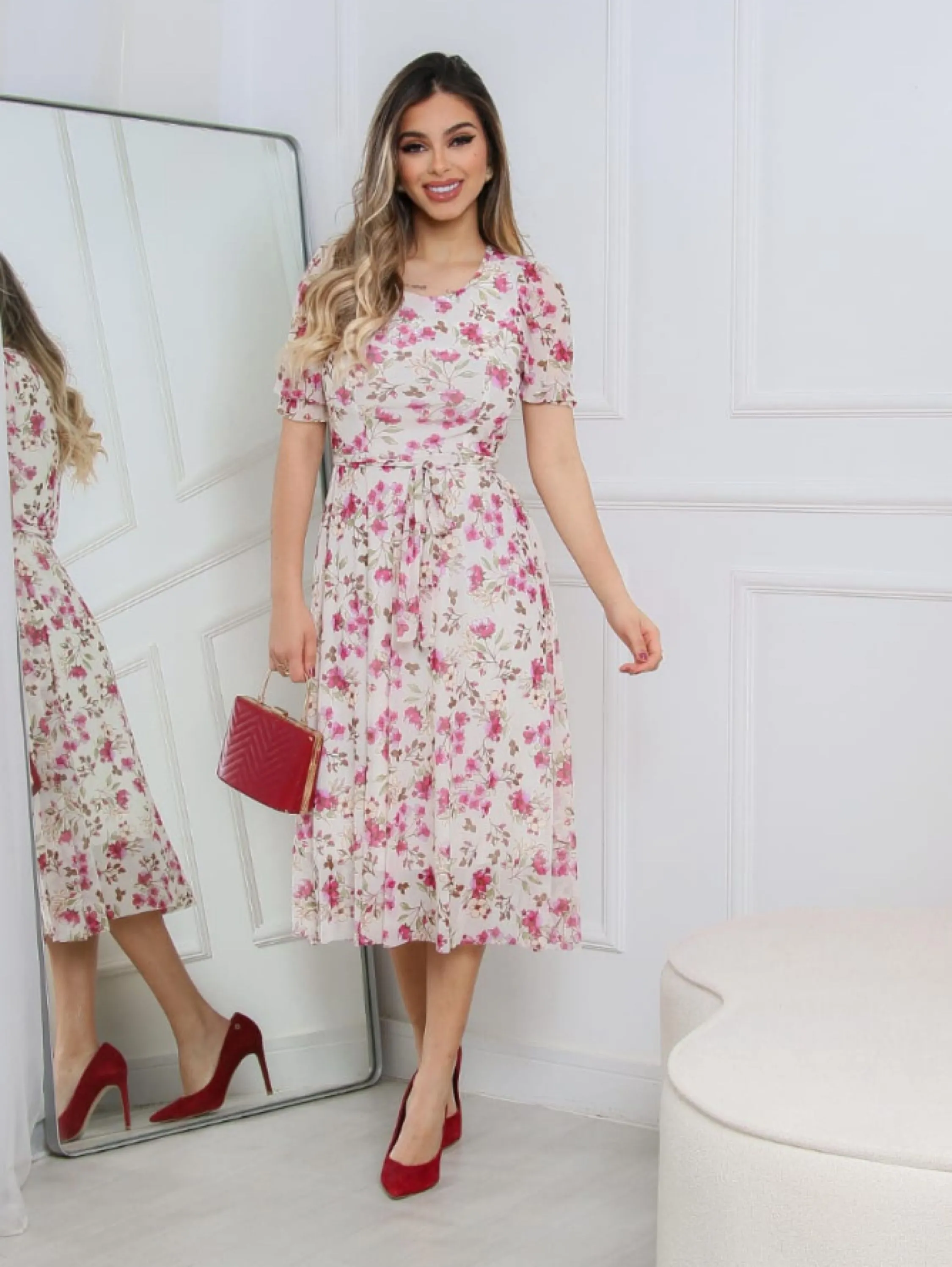 Vestido mídi floral forrado manhã princesa