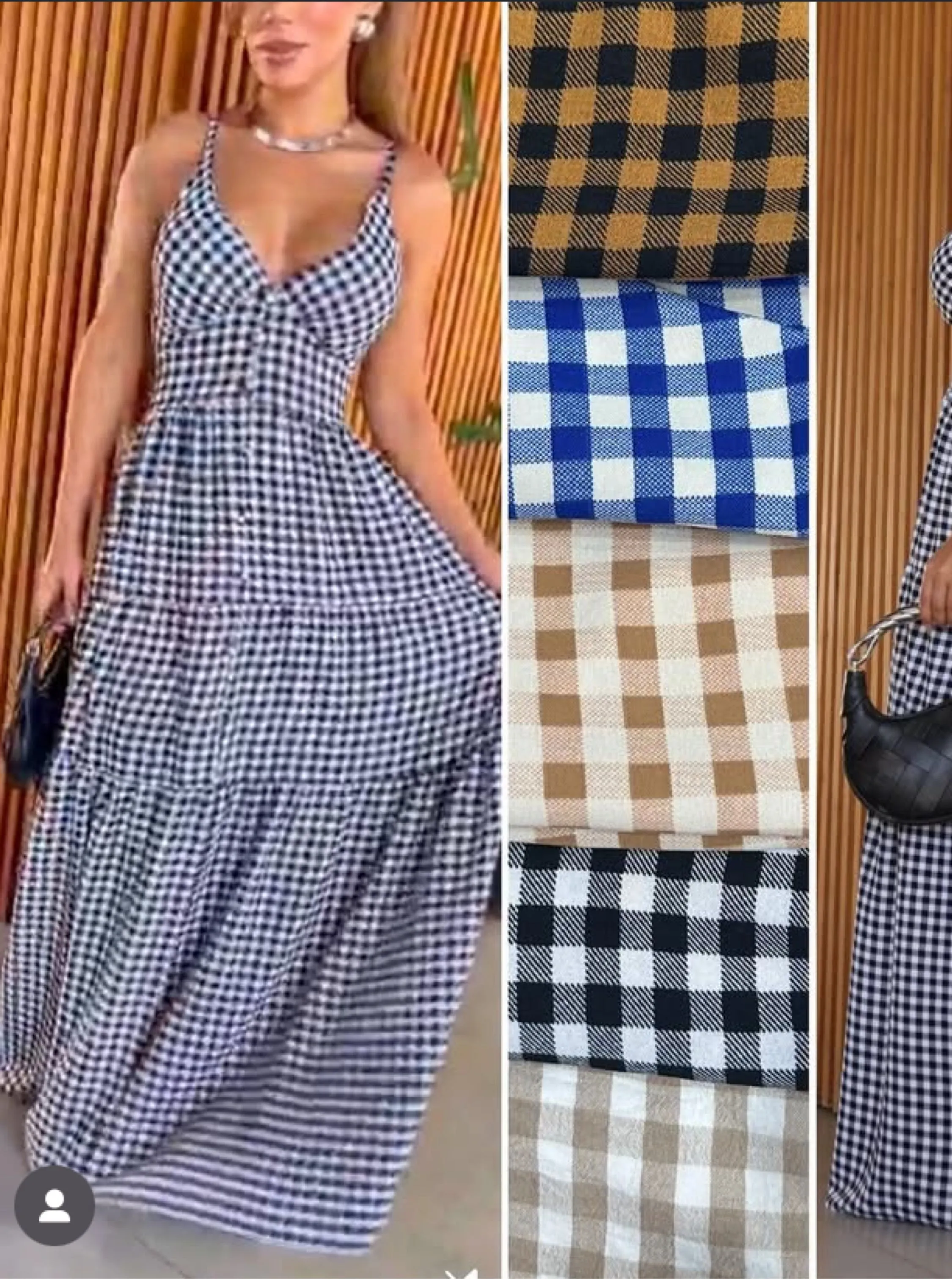 Vestido longo xadrez com borjo s regulador nas alças