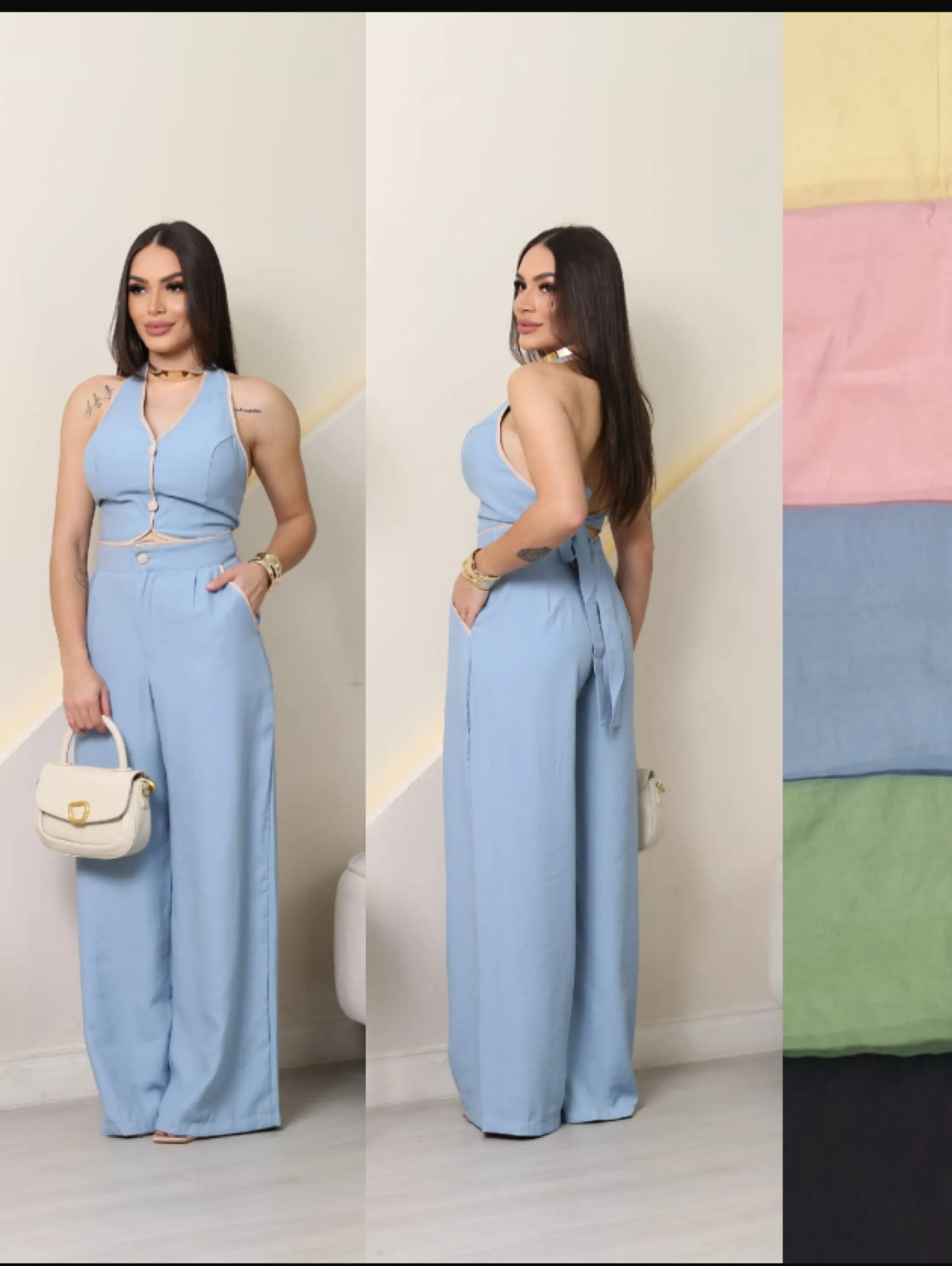 Conjunto Rivana Pantalona e colete com botões encapados