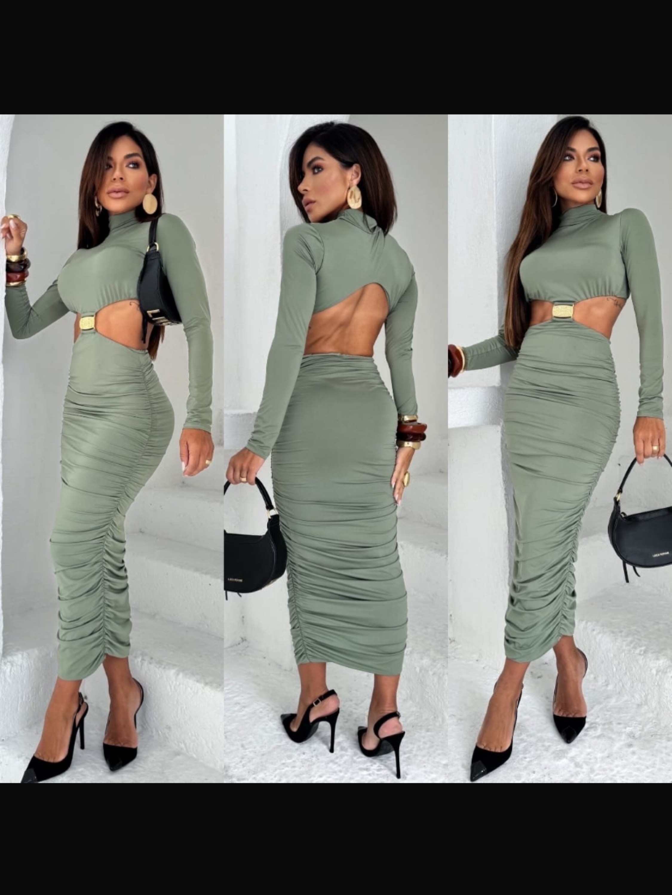 Vestido Luiza manga longa e detalhe fivela