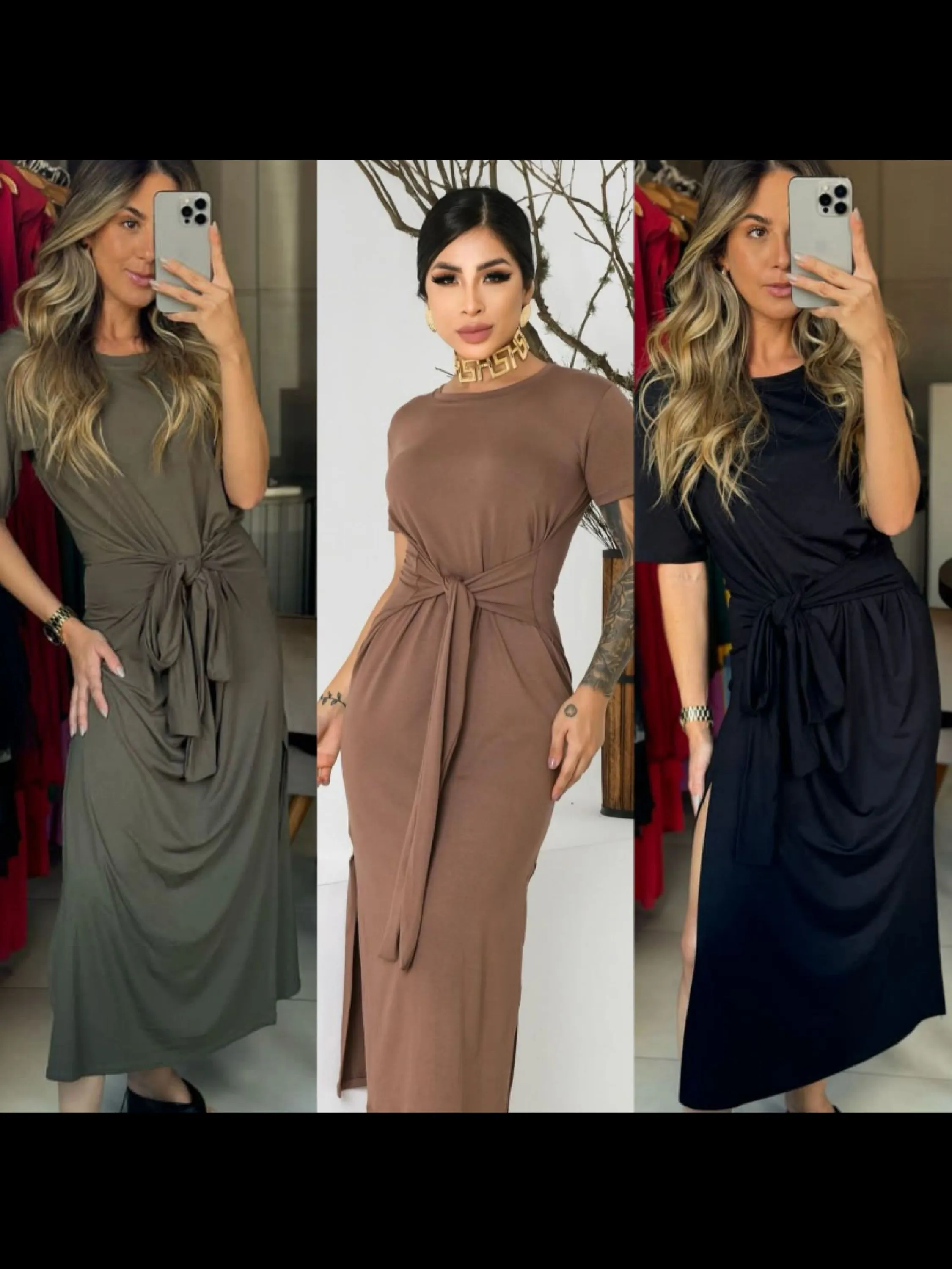 Vestido longo de amarrar na cintura tecido moletinho