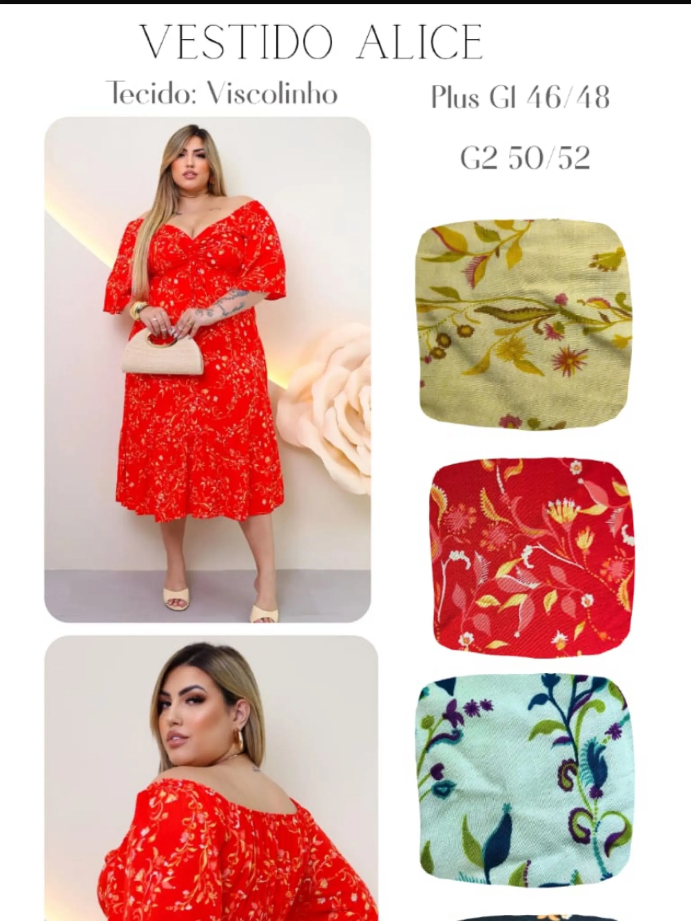 Vestido Alice midi  floral  decotado ,manga 3/4 Plus size