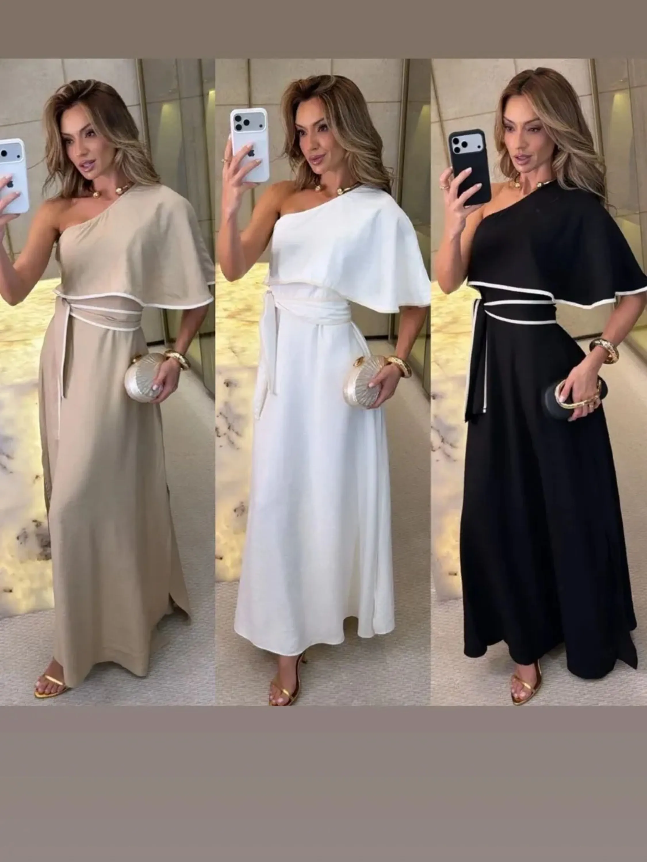 Vestido longo com detalhe de uma manga babado