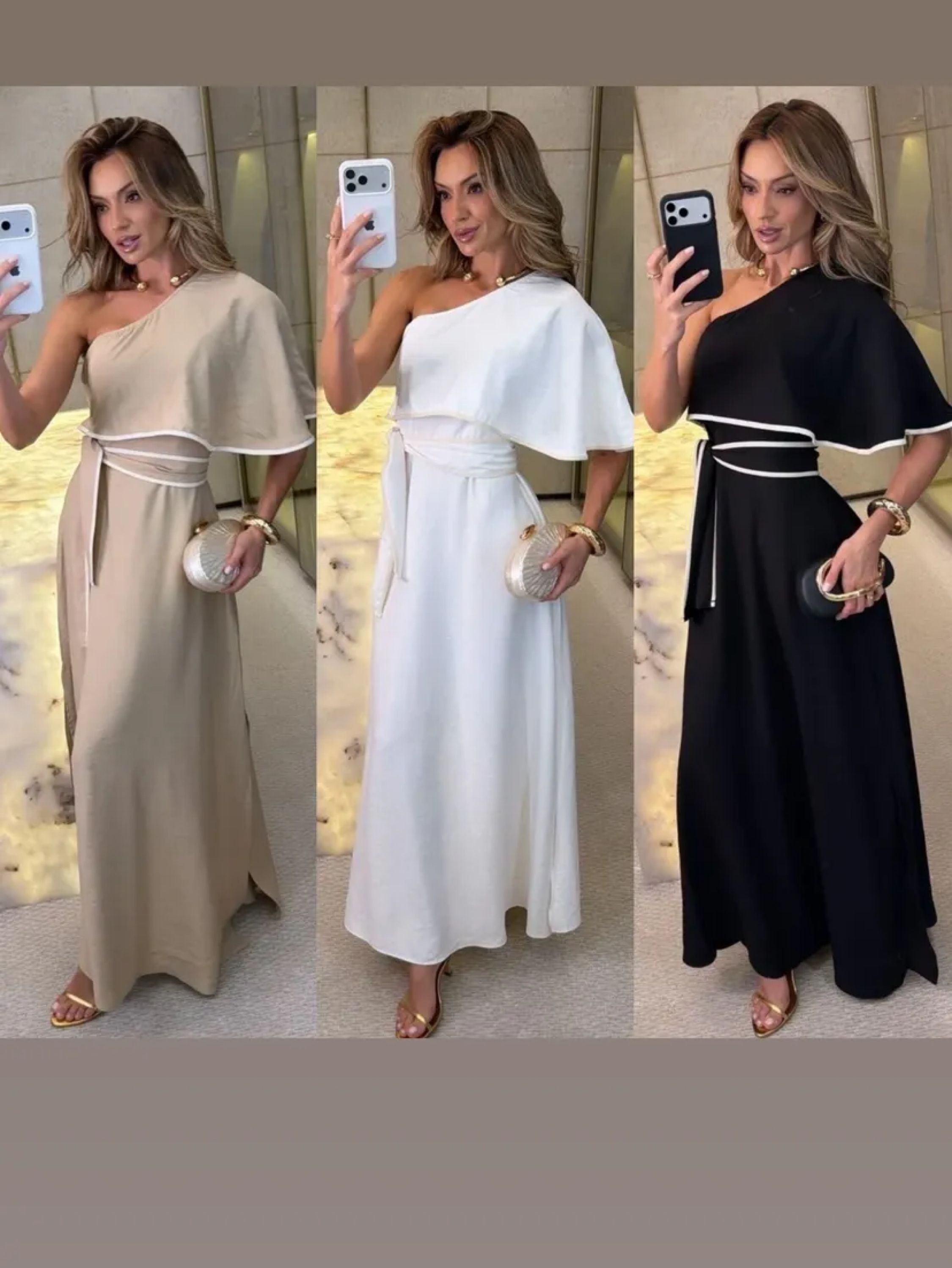 Vestido longo com detalhe de uma manga babado