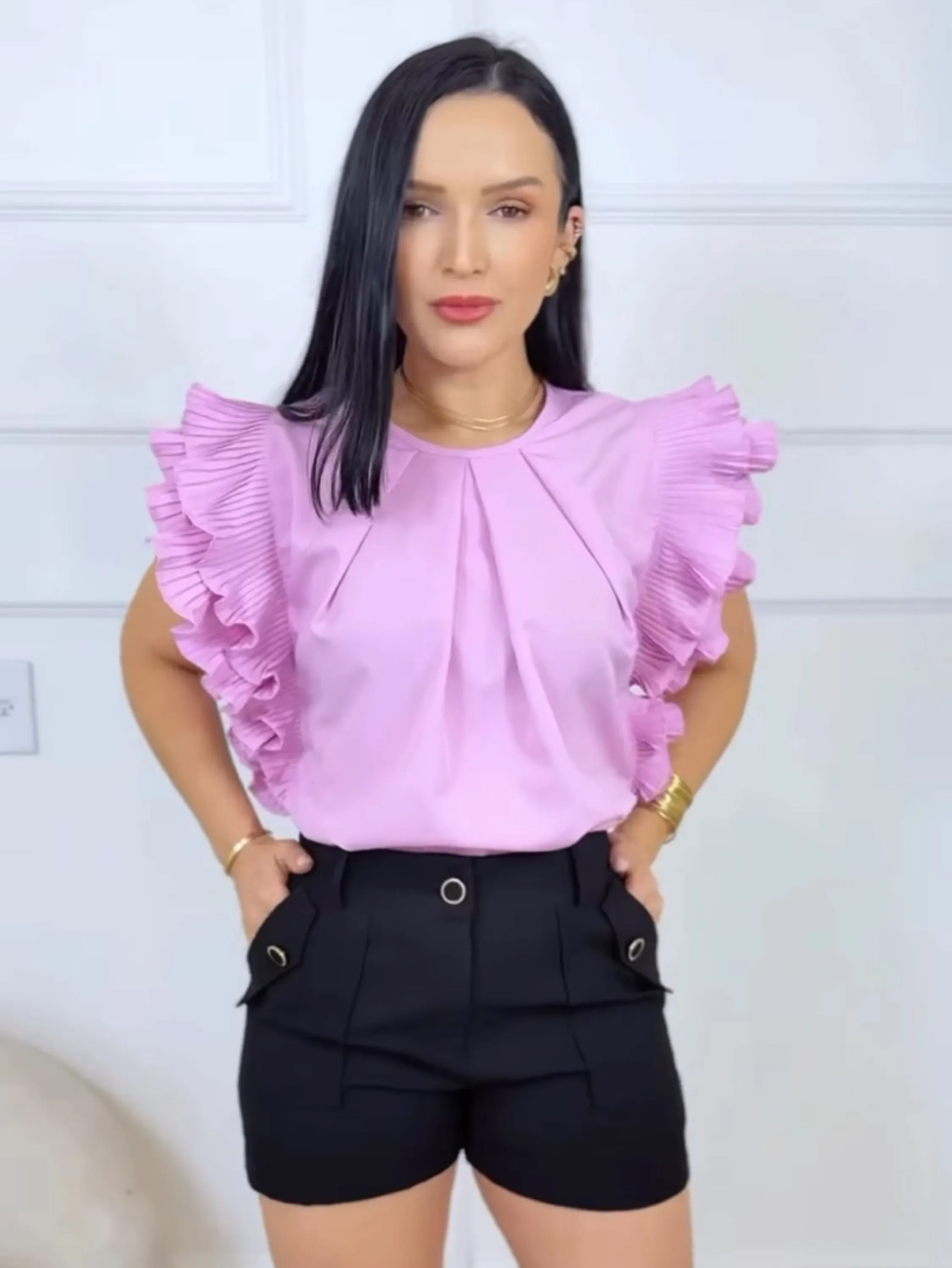 Blusa manga babado plissada tecido viscocrepe