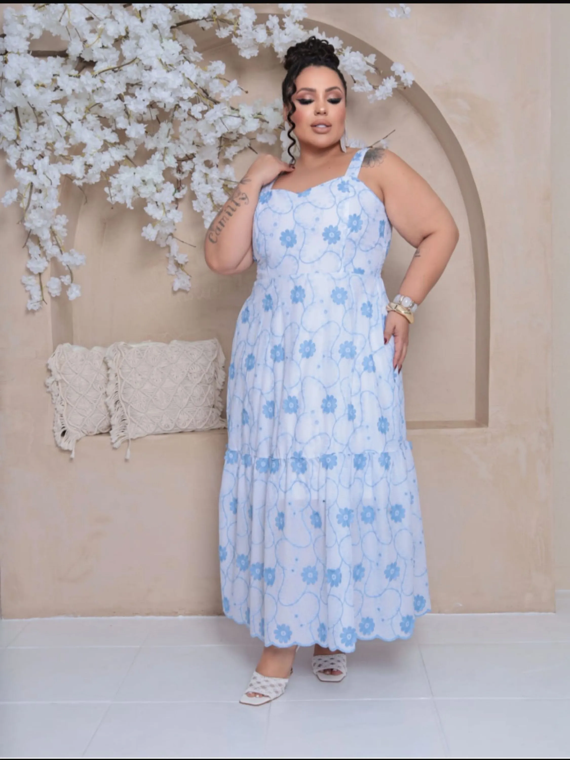 Vestido longo forrado alças grossas Plus SIZE