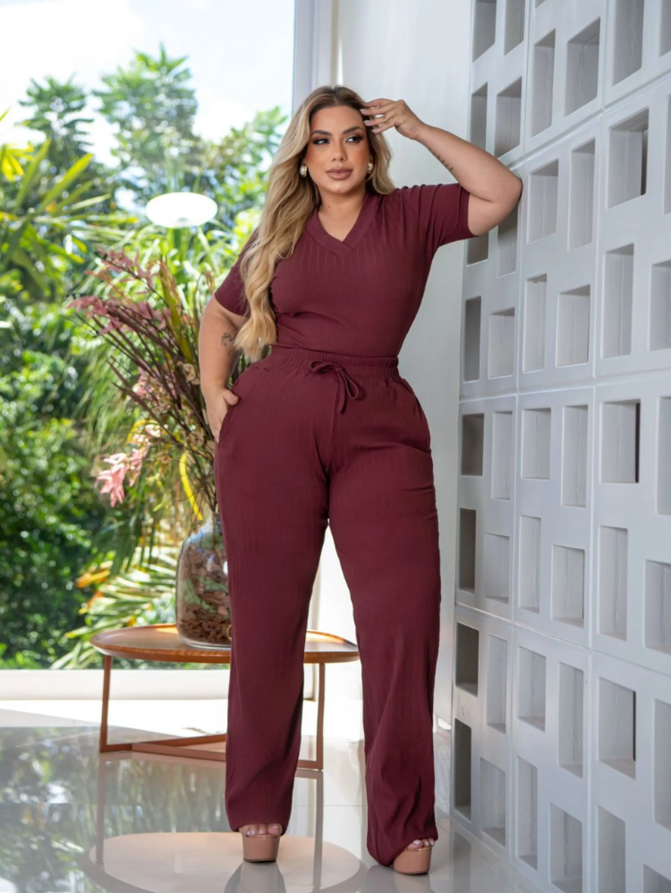 Conjunto Pantalona e blusa Plus size tecido canelado/algodao