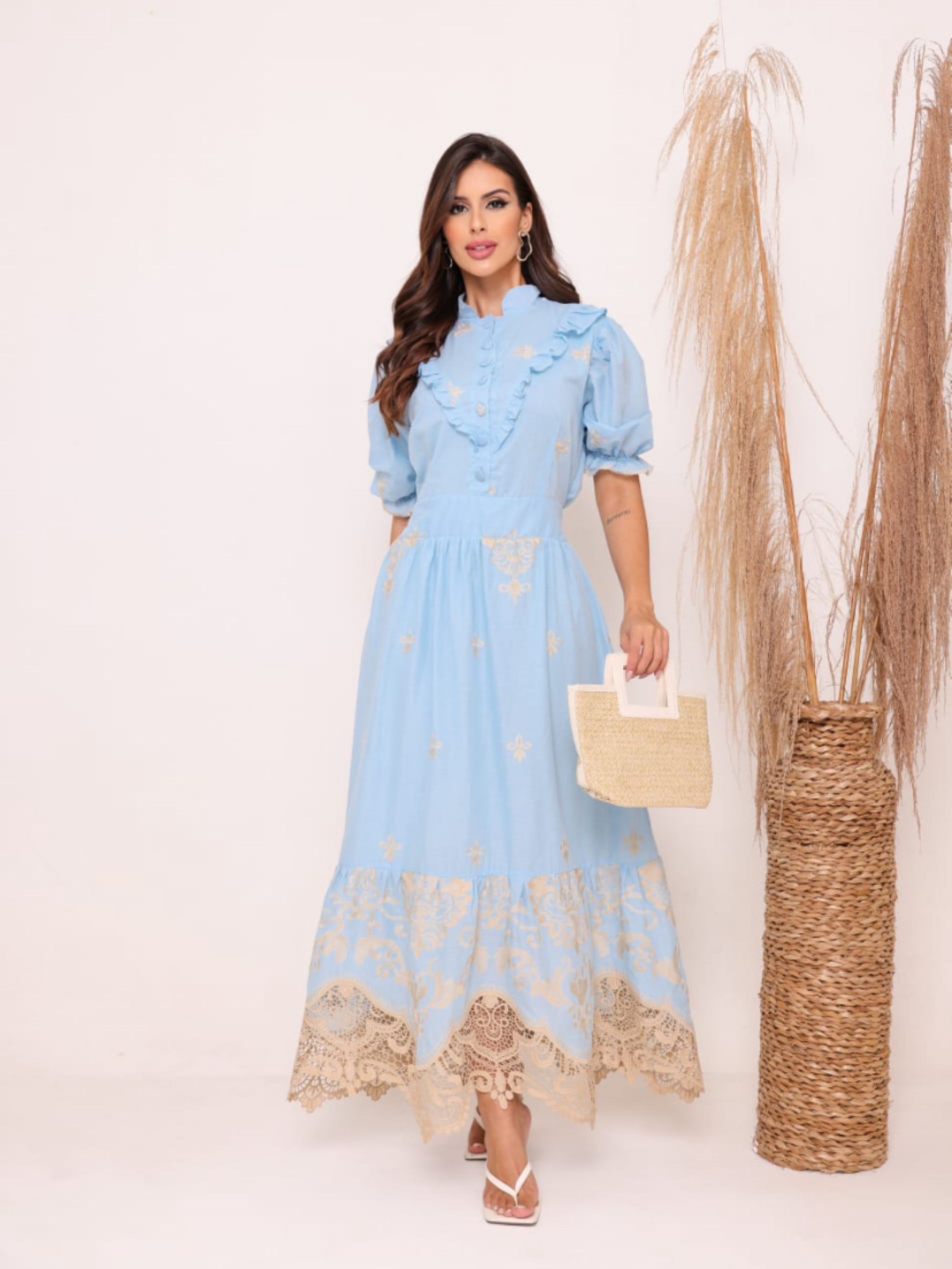 Vestido longuete manga princesa forrado