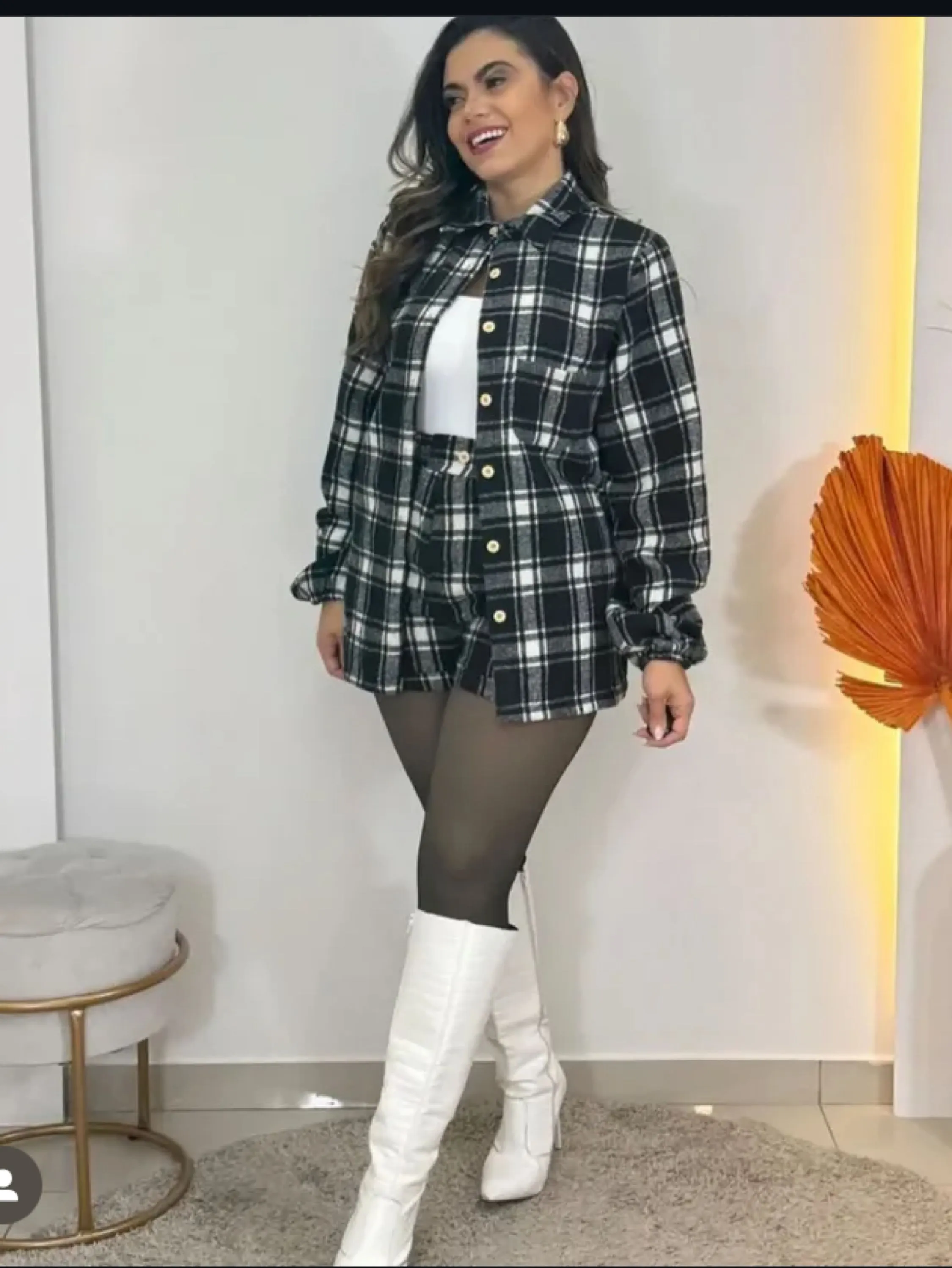 Conjunto xadrez flanelado shorts com elástico e camisa