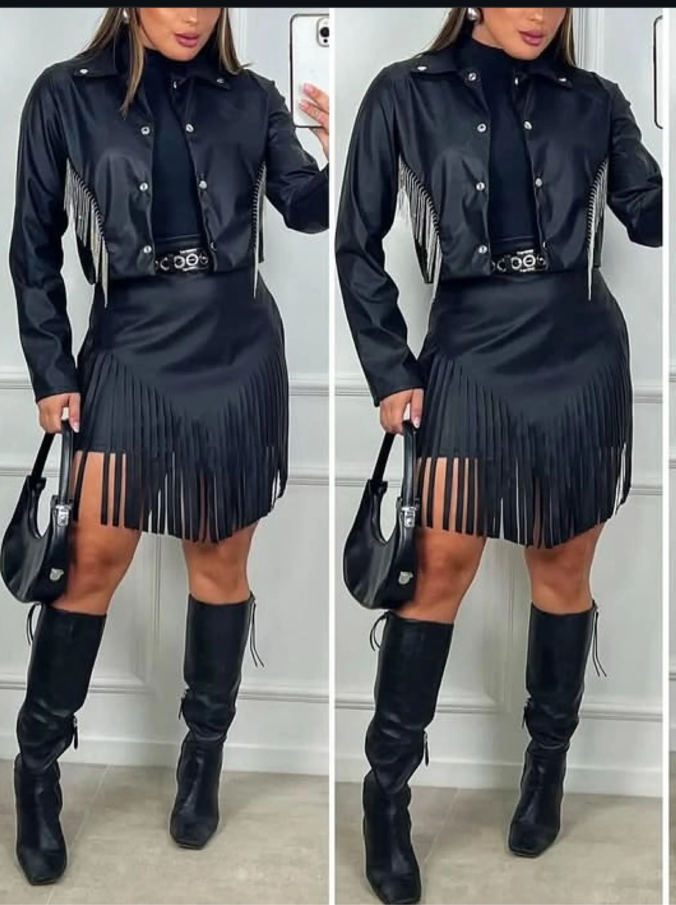 Conjunto saia com franja e jaquetinha couro fake