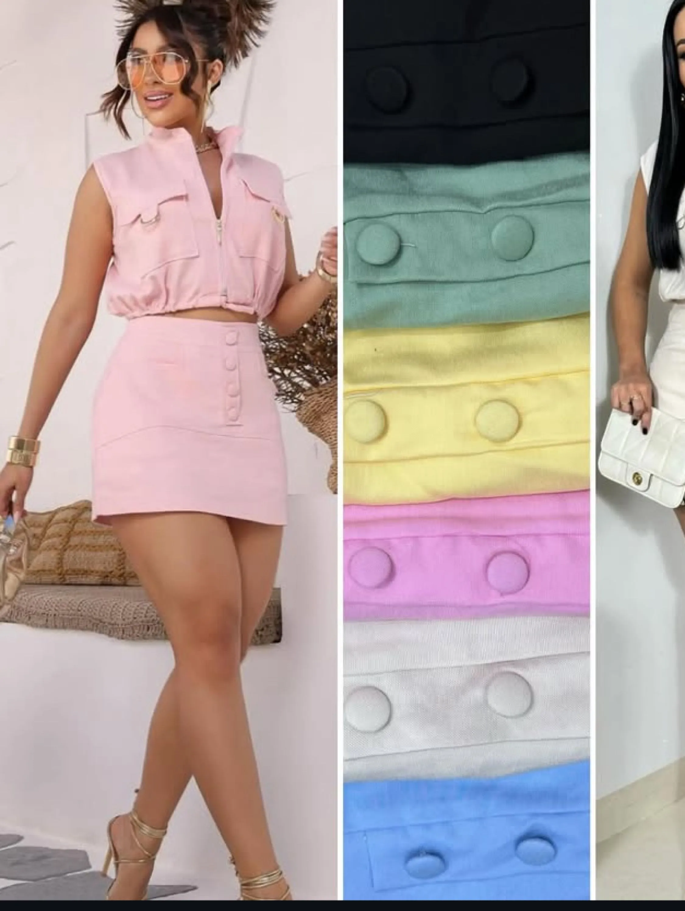 Conjunto shorts saia e crooped colete com zíper