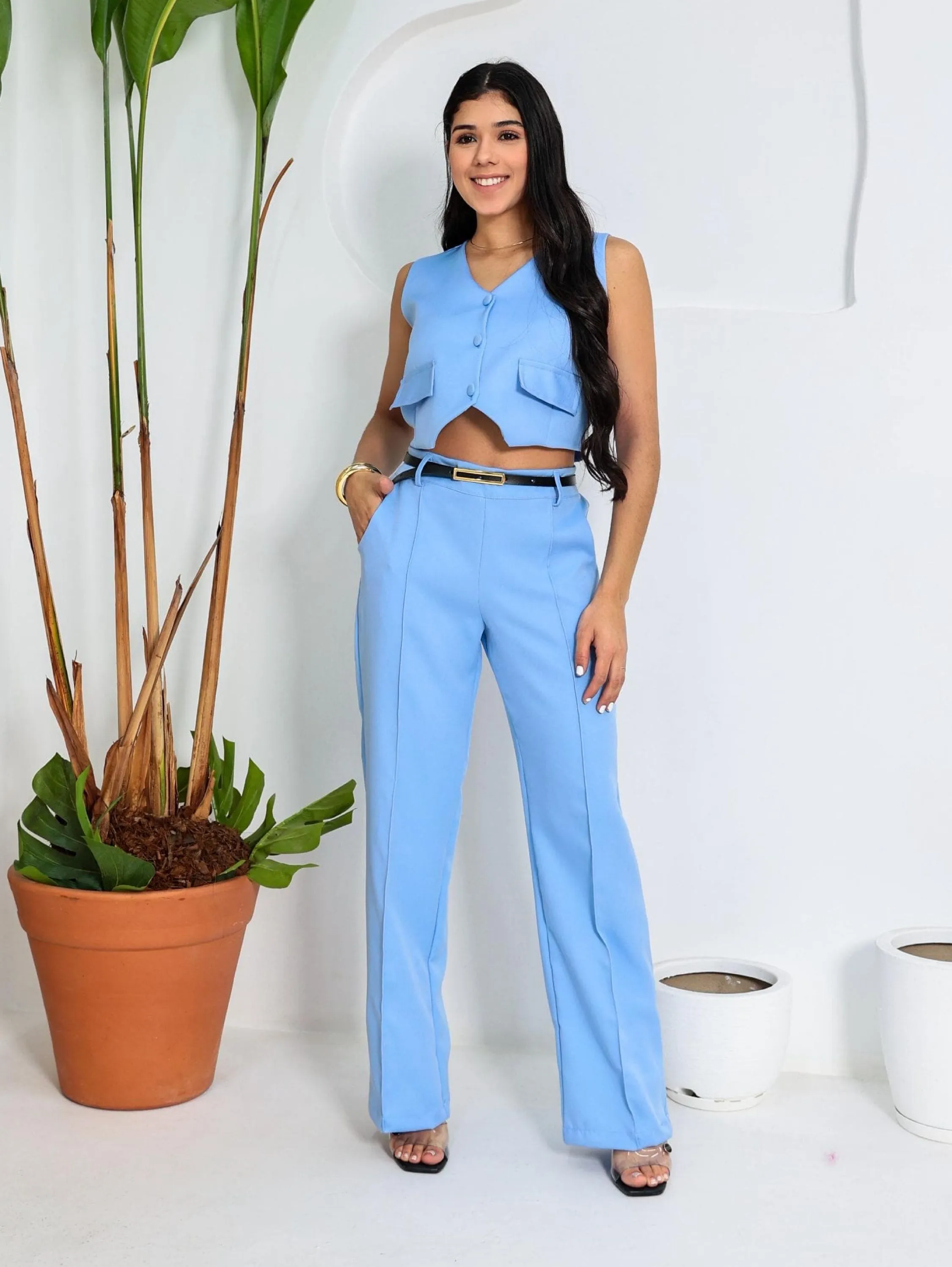 Conjunto juvenil calça pantalona com cinto e colete