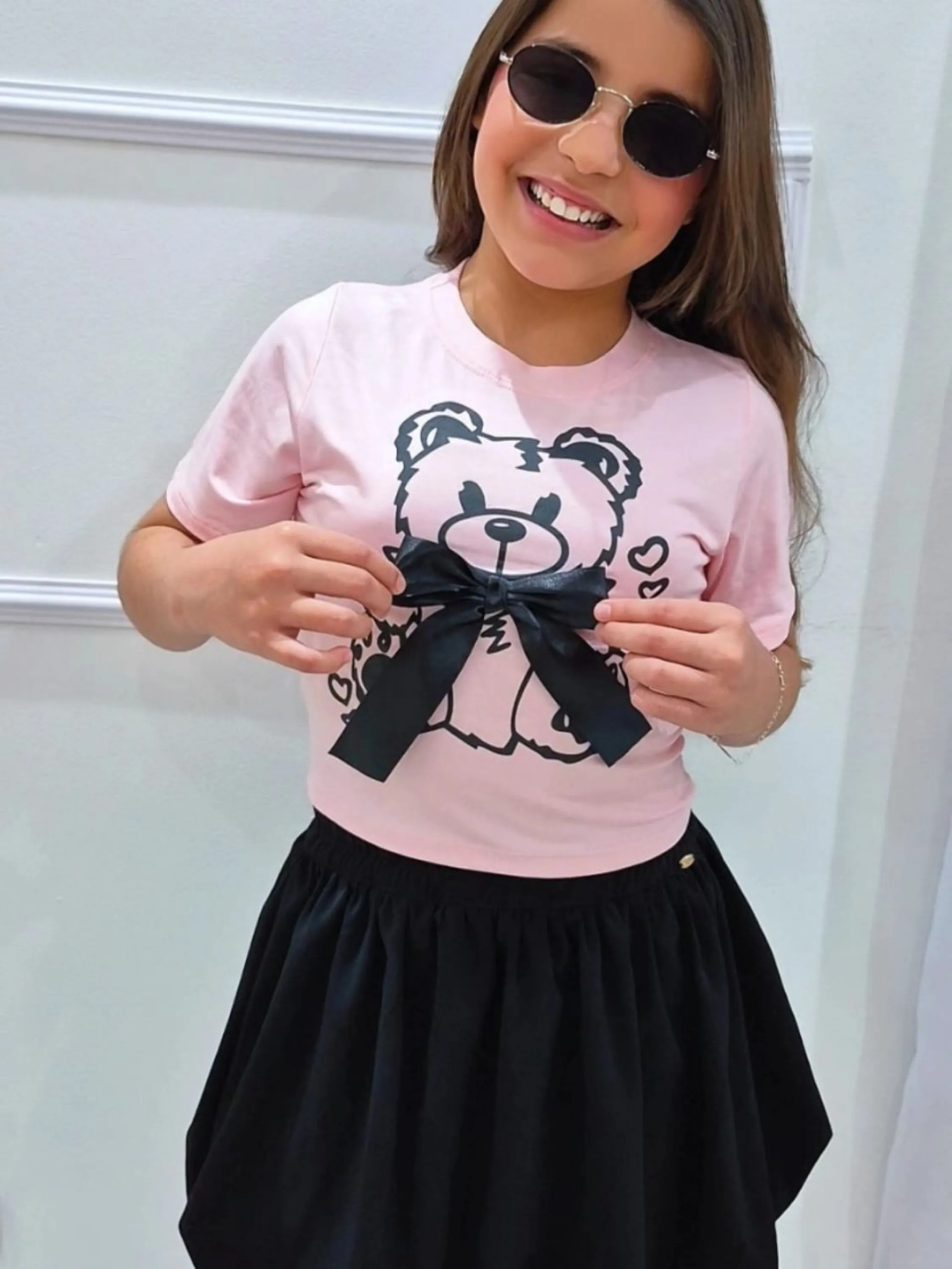 Blusinha urso com laço infantil/juvenil