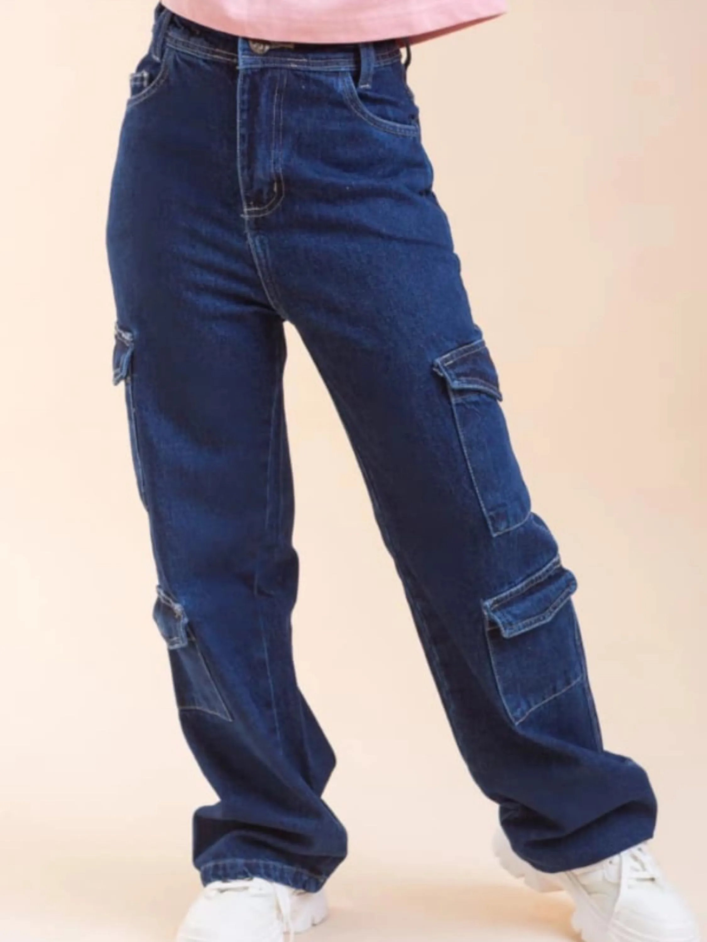 Calça jeans cargo com 2 bolsos juvenil