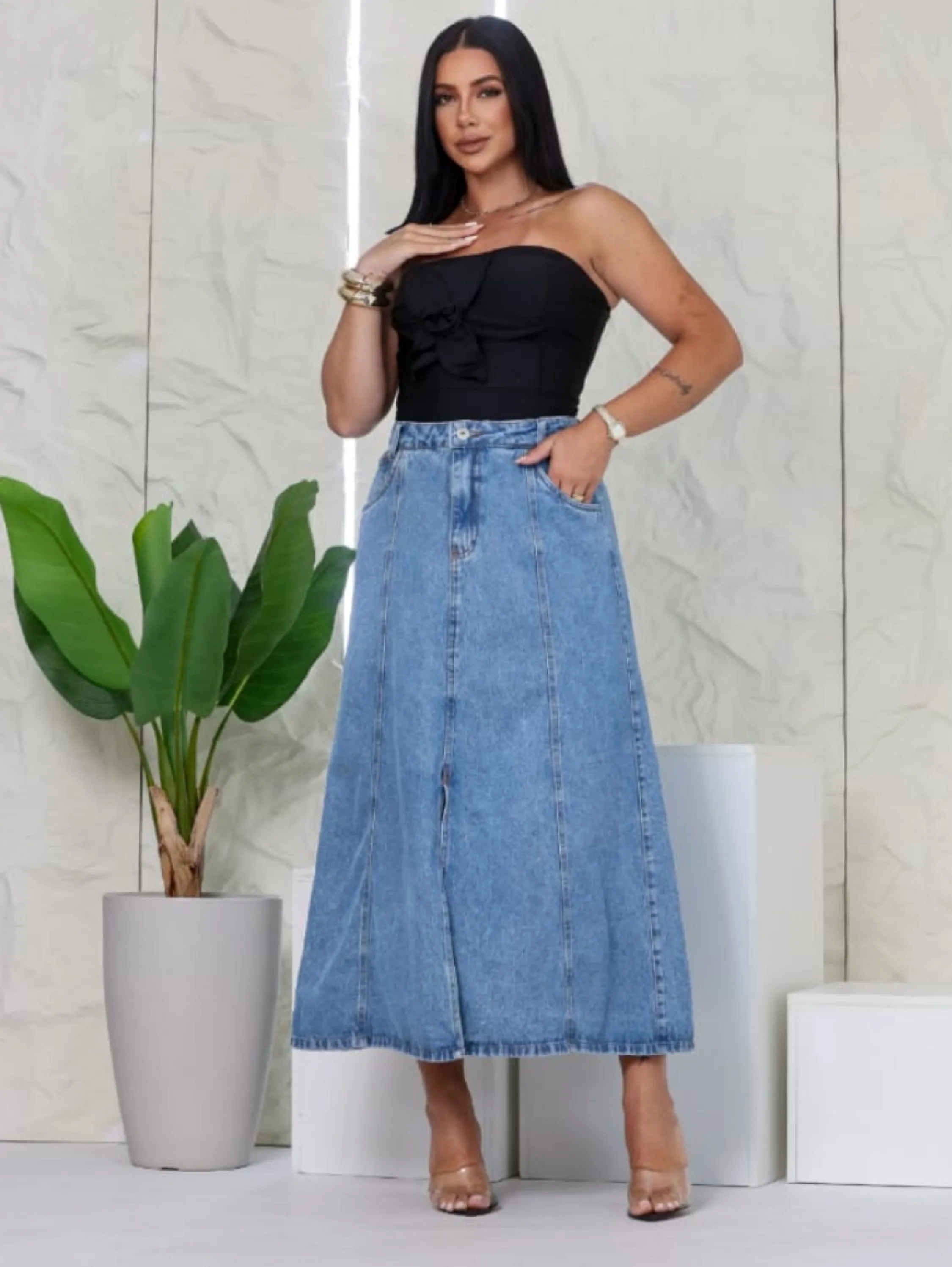 Saia jeans longuete básica