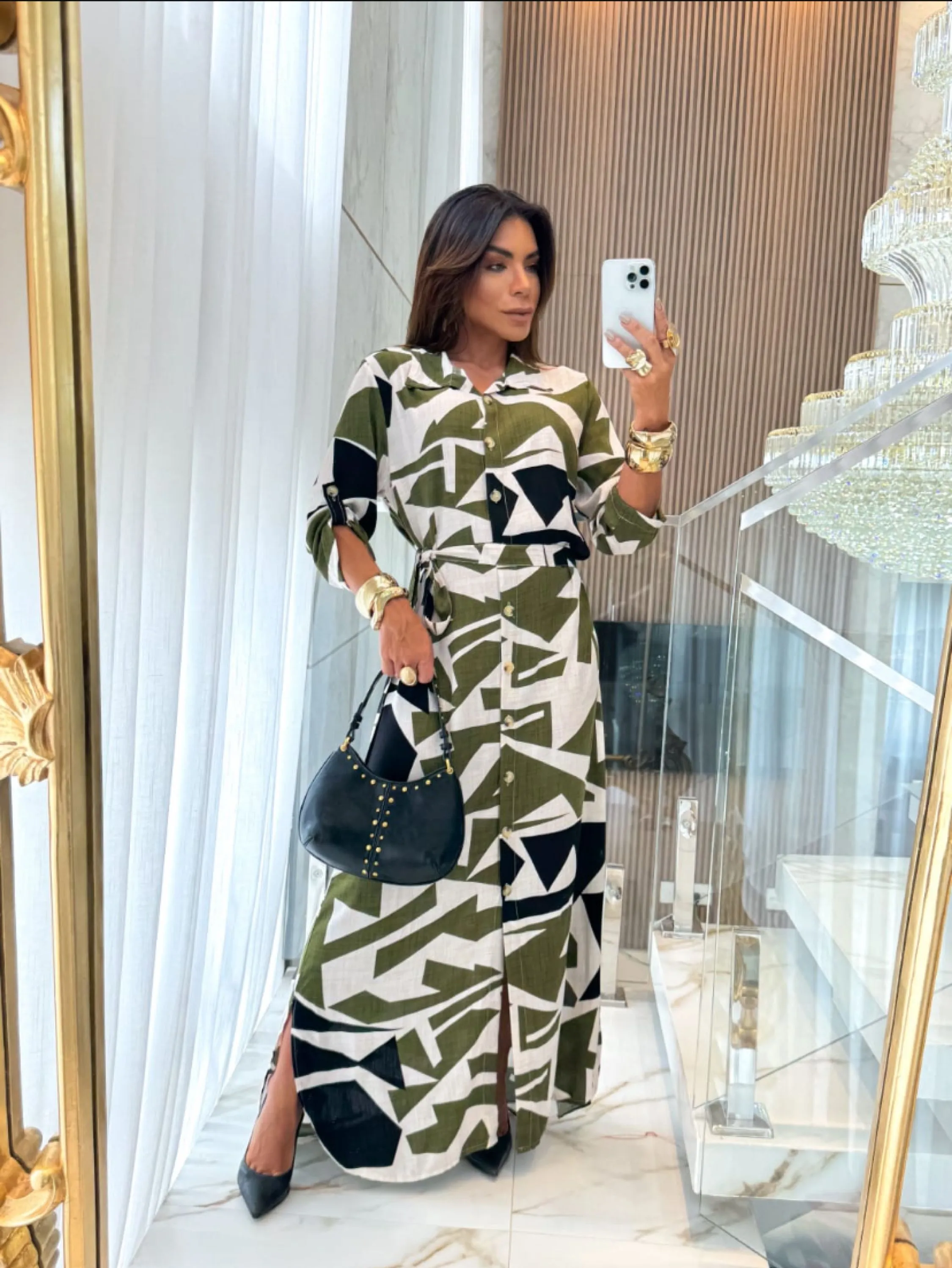 Chamise longa estampado ,manga 3/4 regulável