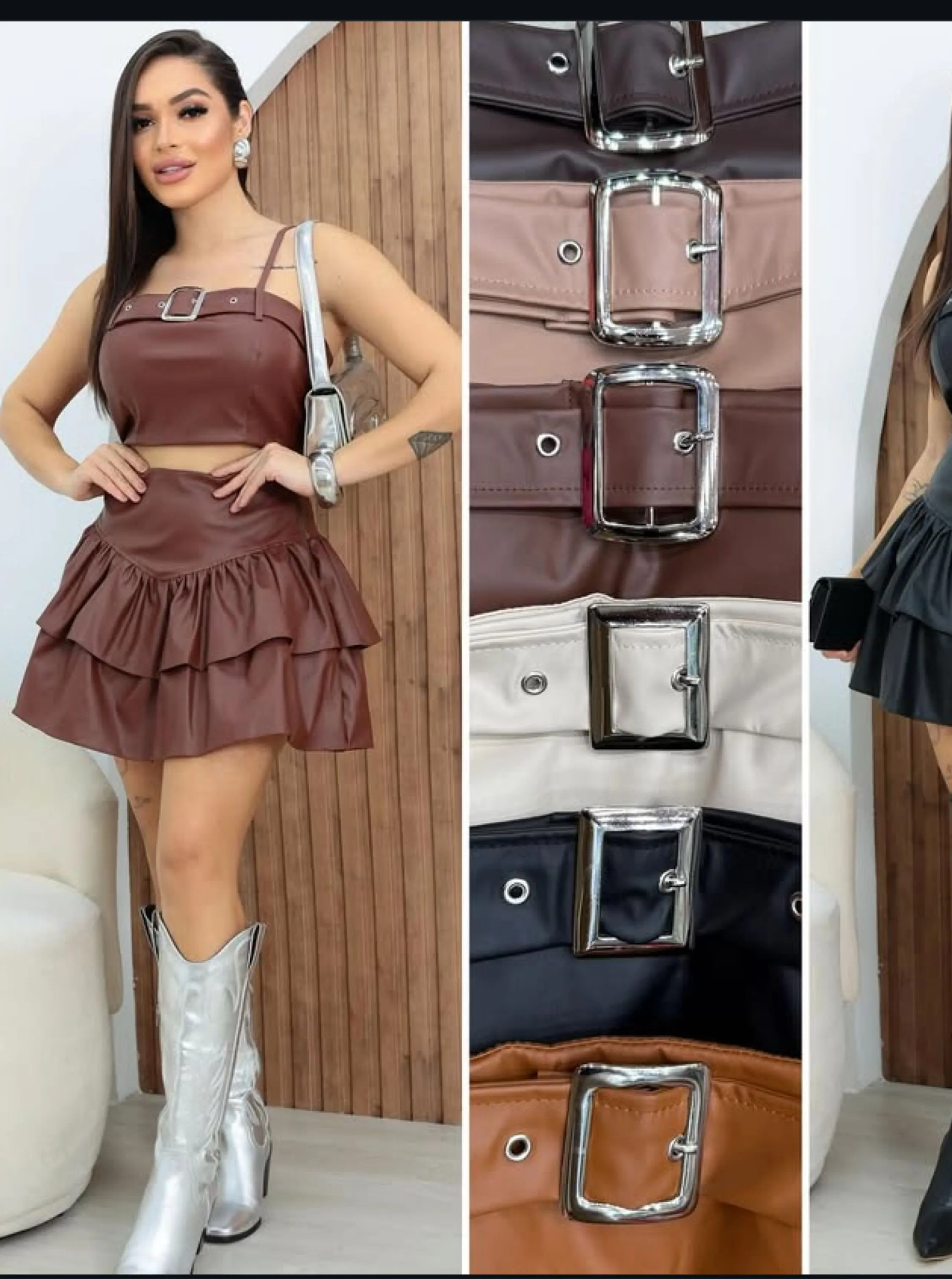 Conjunto Mini saia rodada e top em couro fake