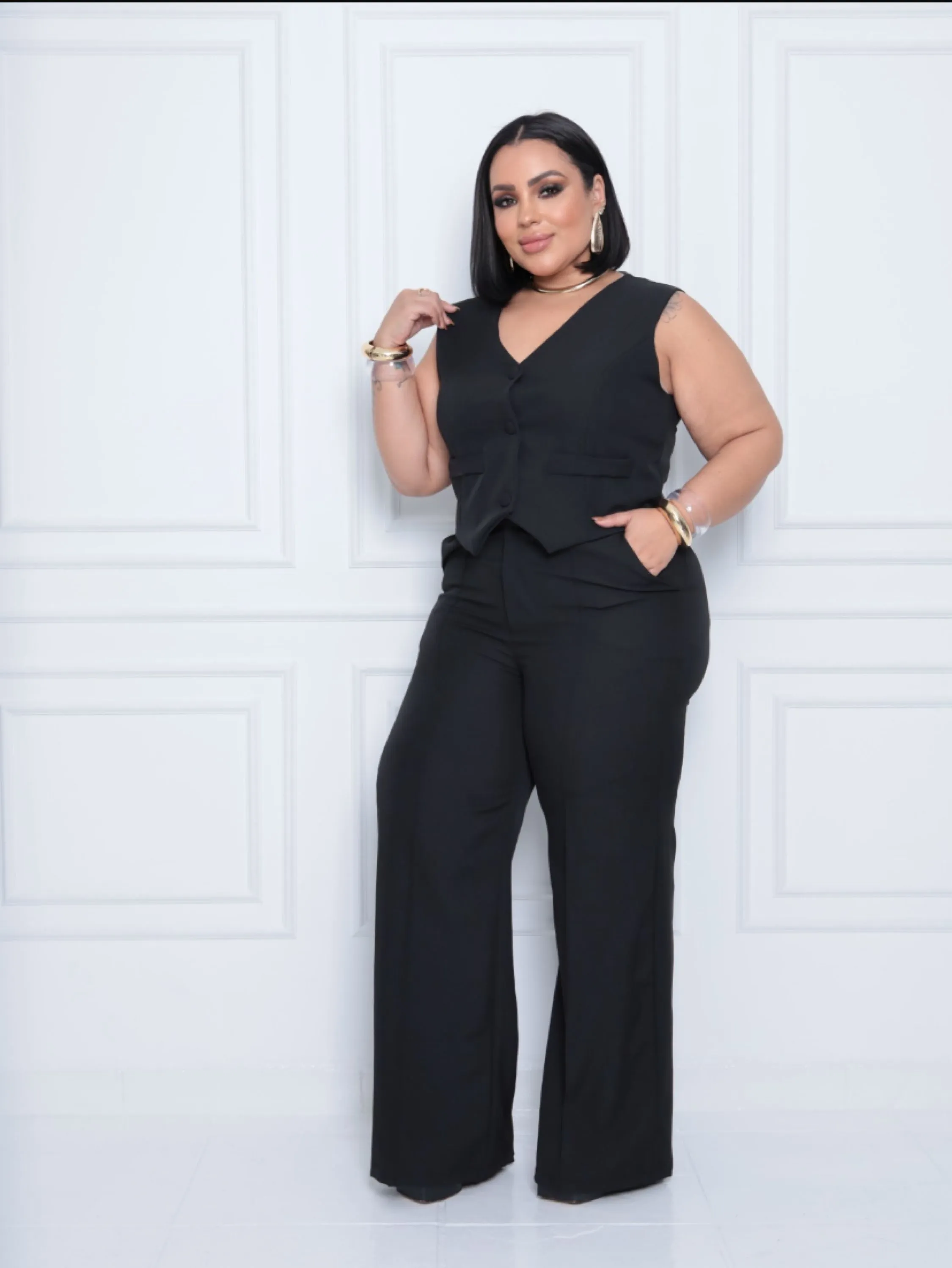 Conjunto Pantalona e colete Plus size tecido Alfaiataria