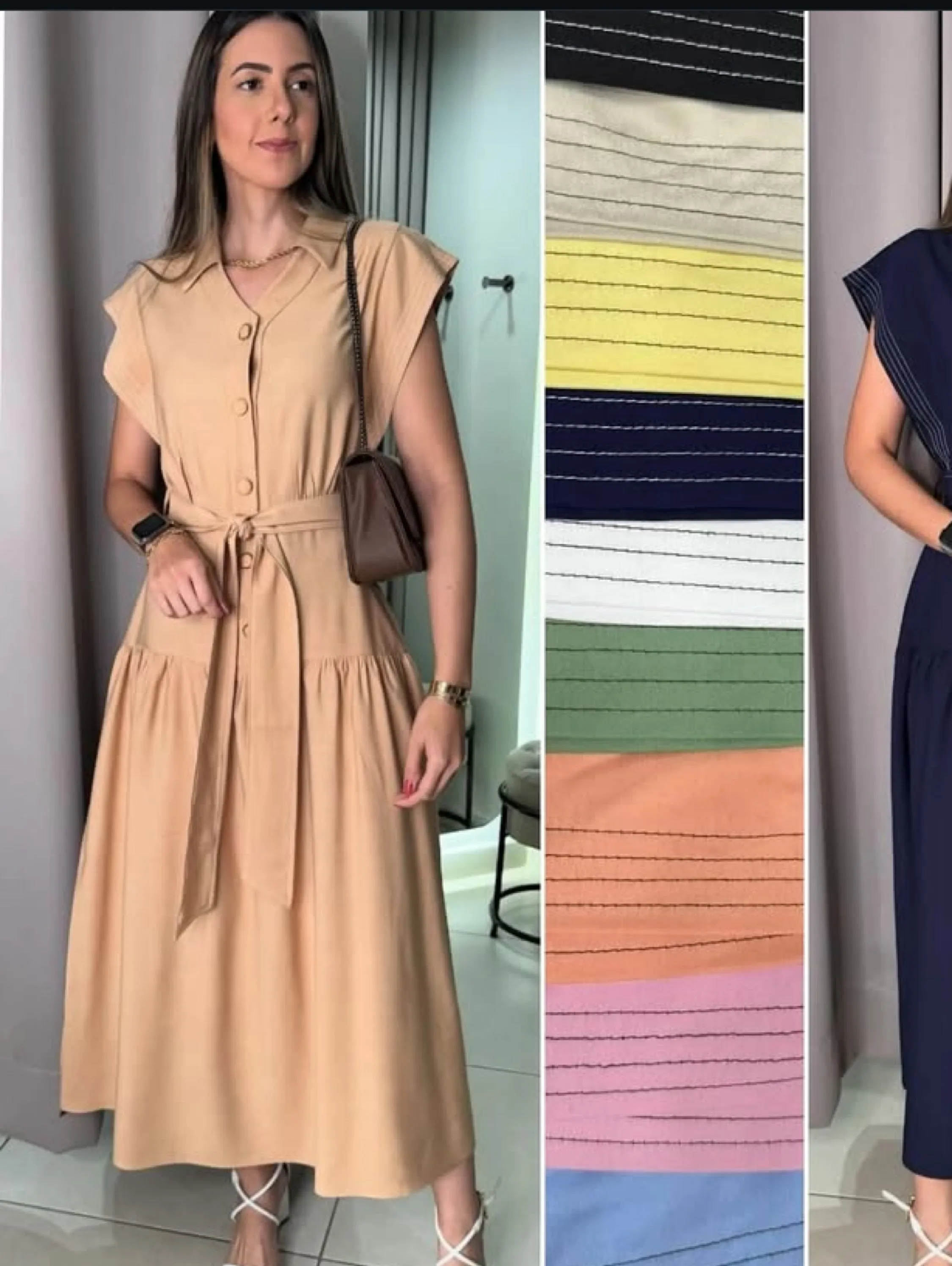 Vestido mídi com cinto tecido marrante