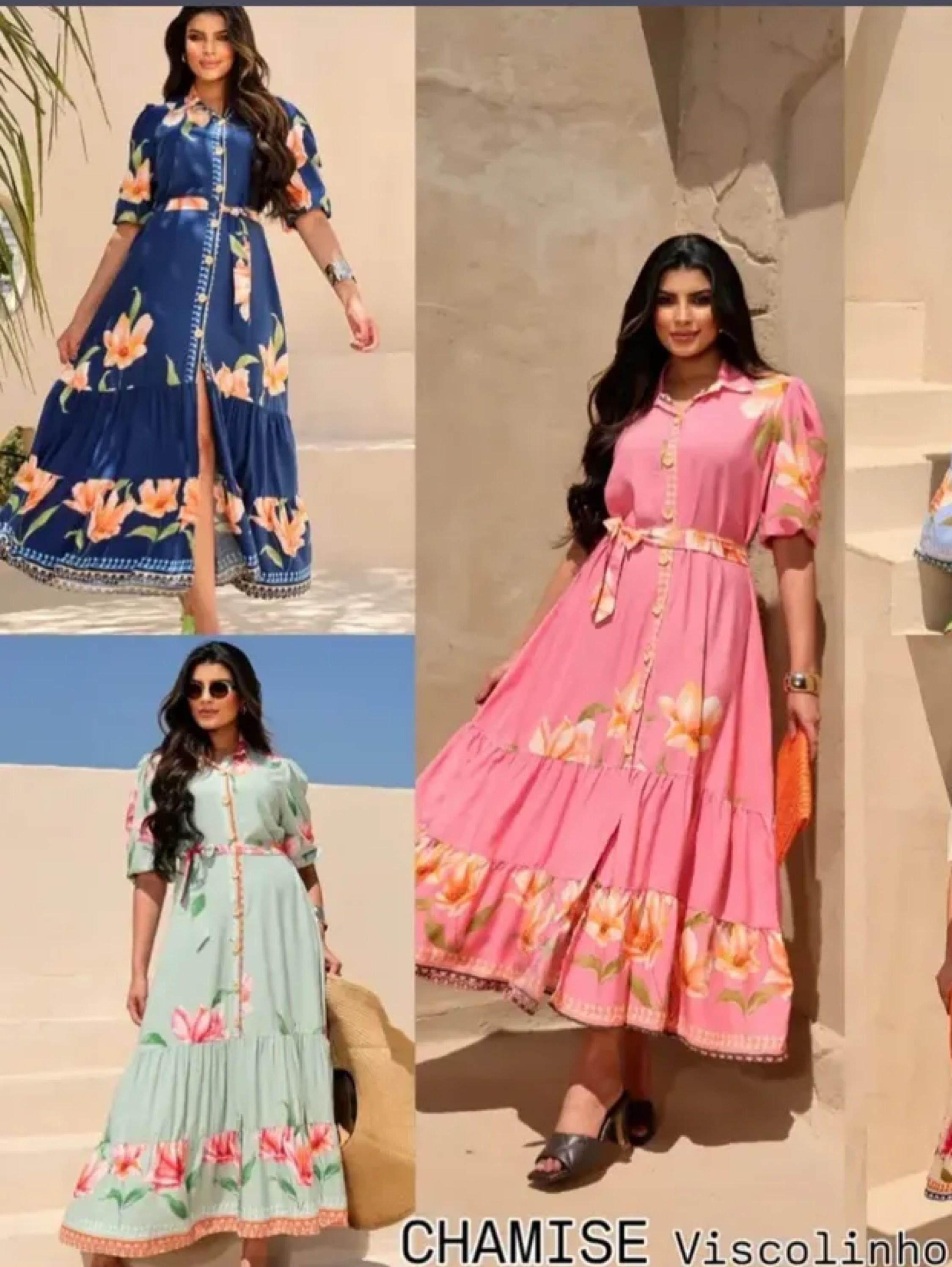 Vestido Chamise floral manguinha e cinto amarração