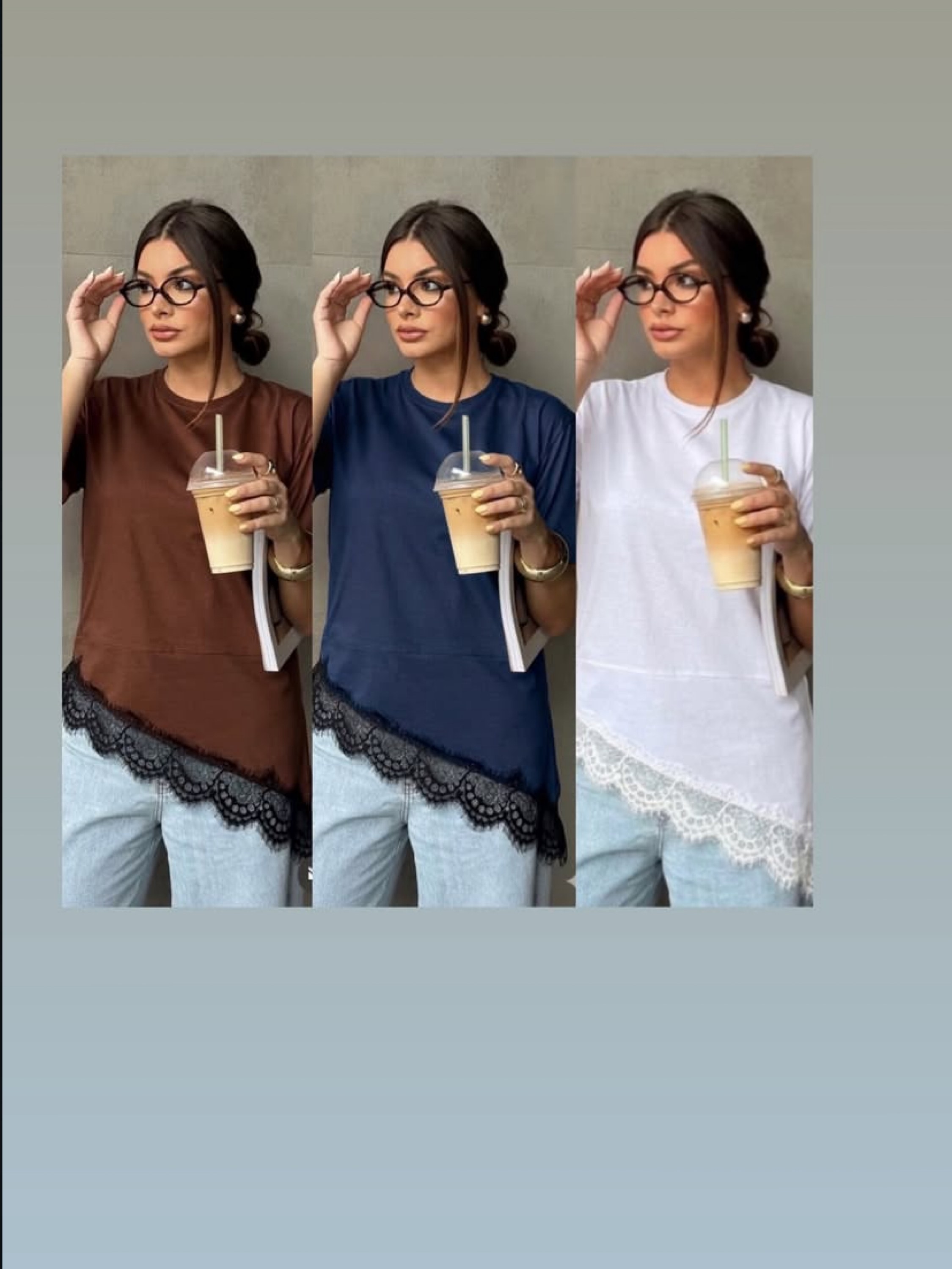 Kit com 3Blusa básica com barra rendada