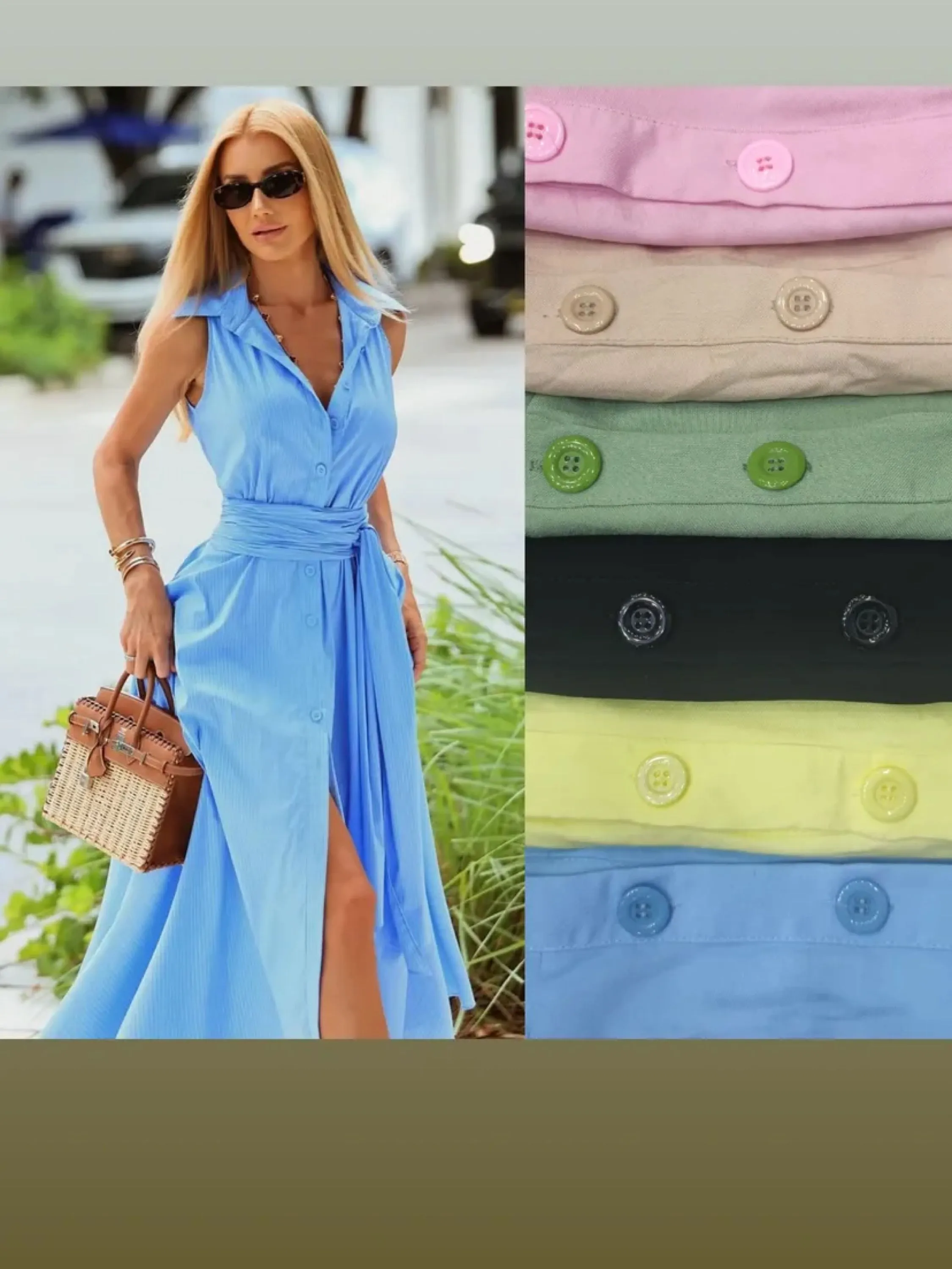 Vestido longo com gola,botões e faixa tecido sensorial
