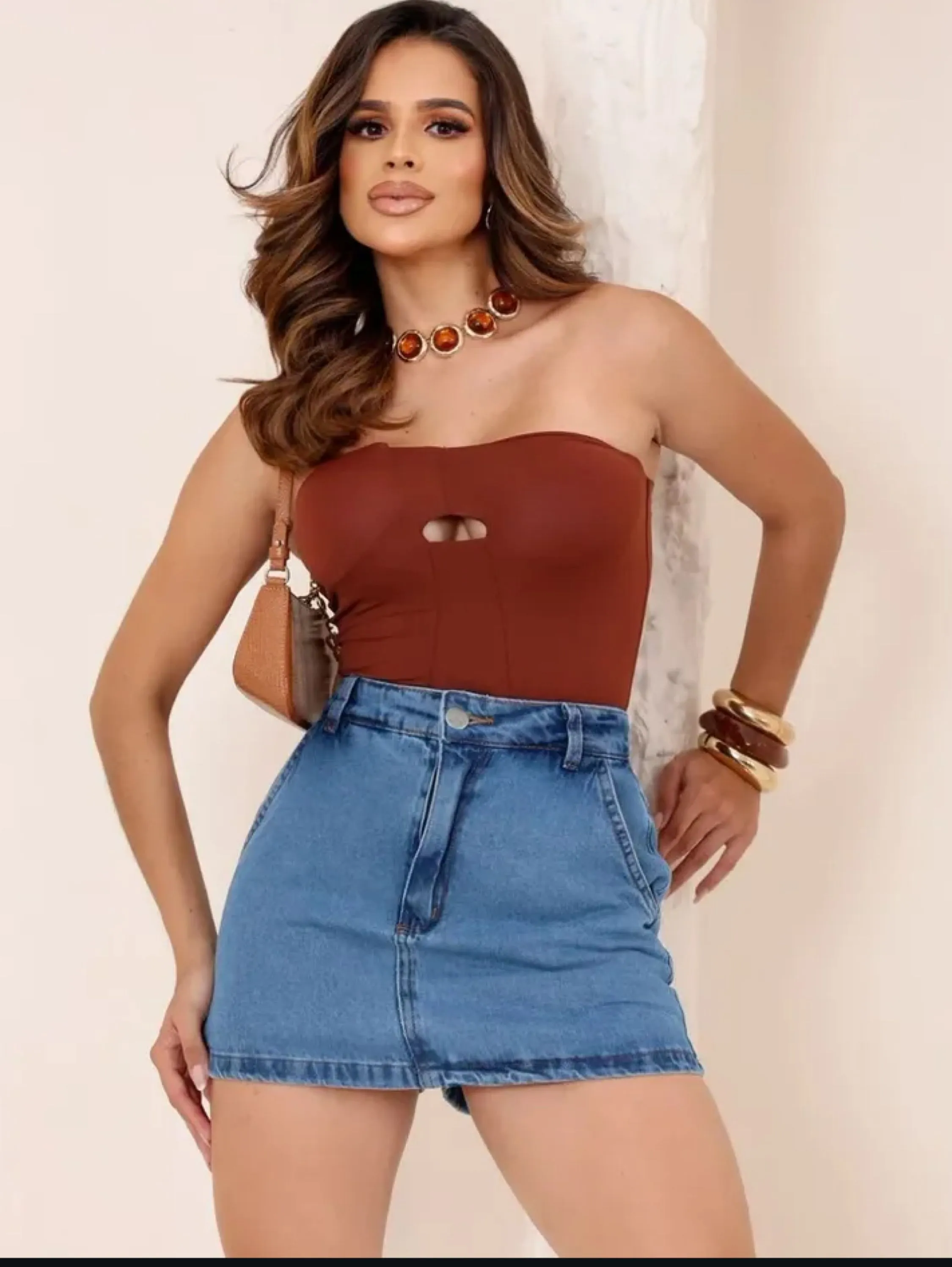 Shorts saia jeans cintura alta
