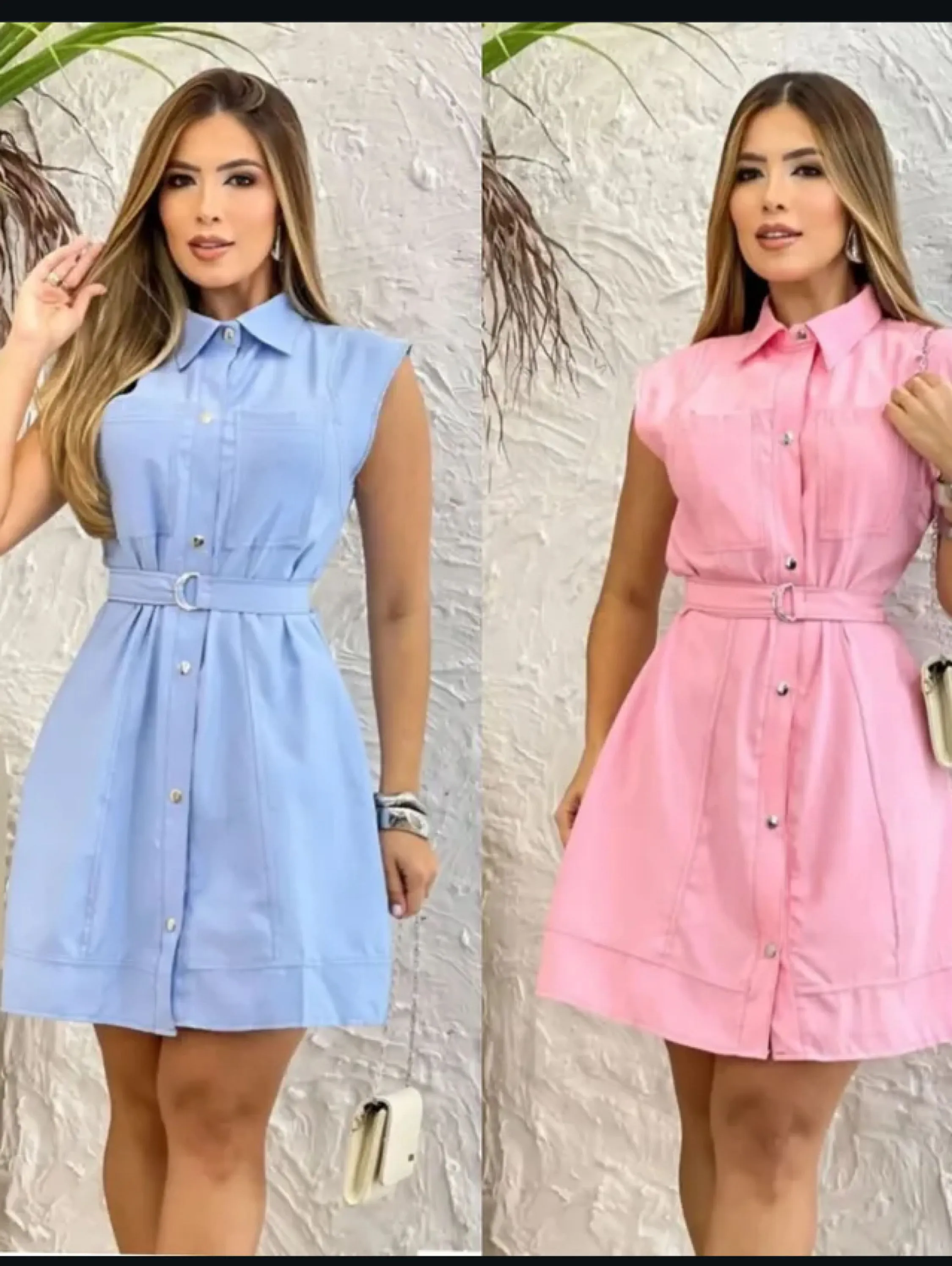 Vestido curto sem manga ,com gola e bolsos