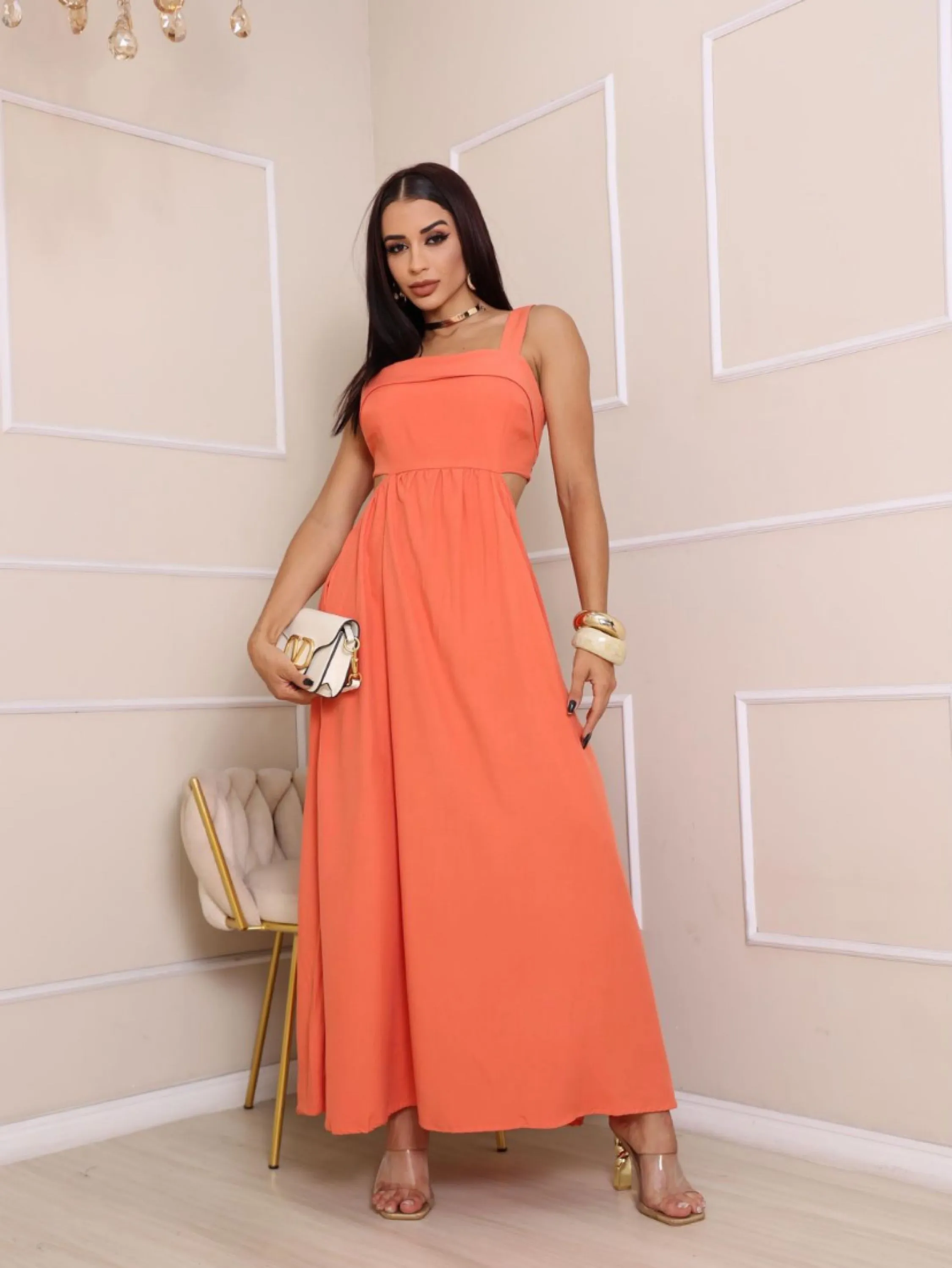 Vestido longuete alças com elástico e de amarrar