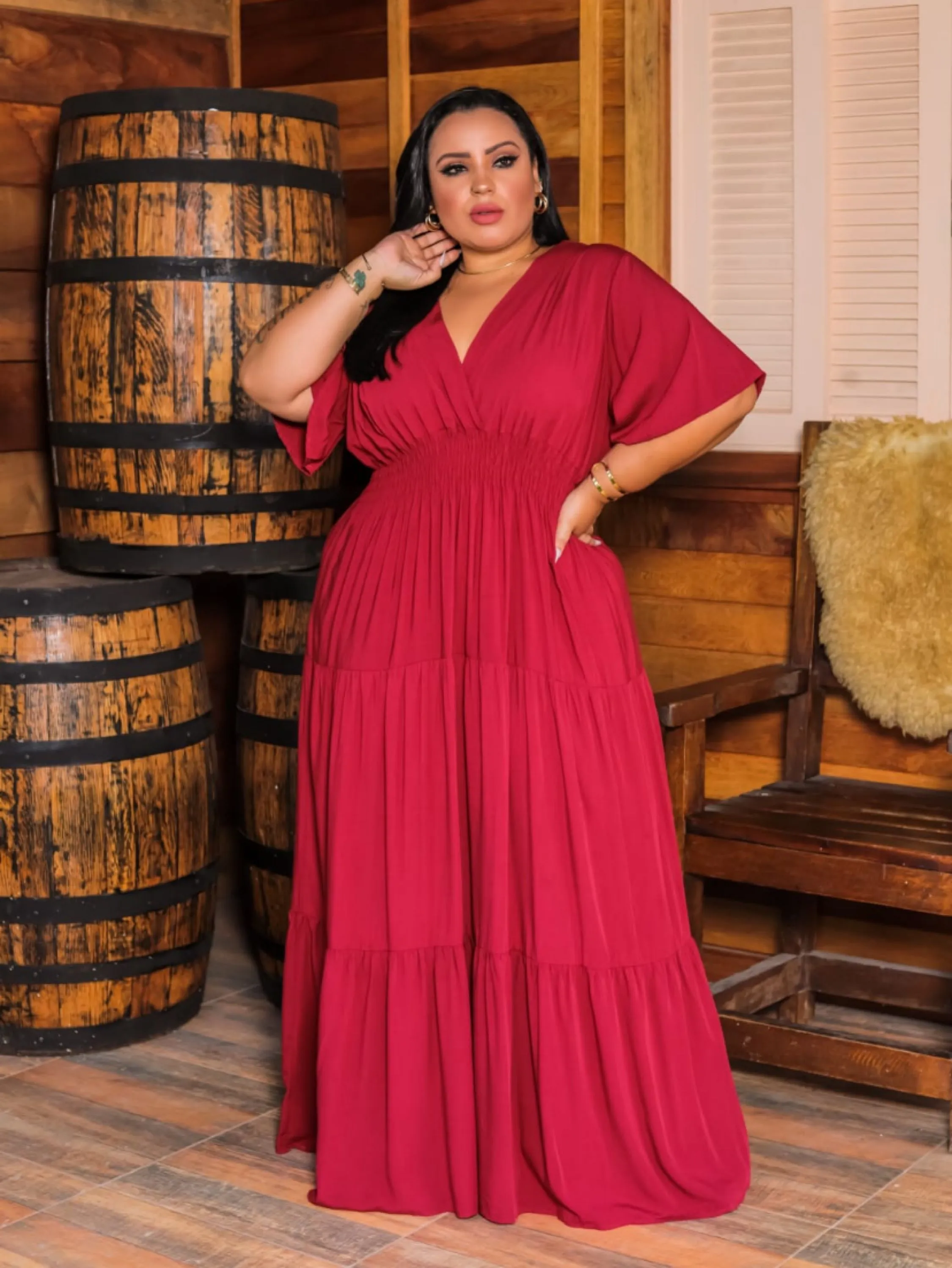 Vestido longo gola V plus size veste até 52 (5006)