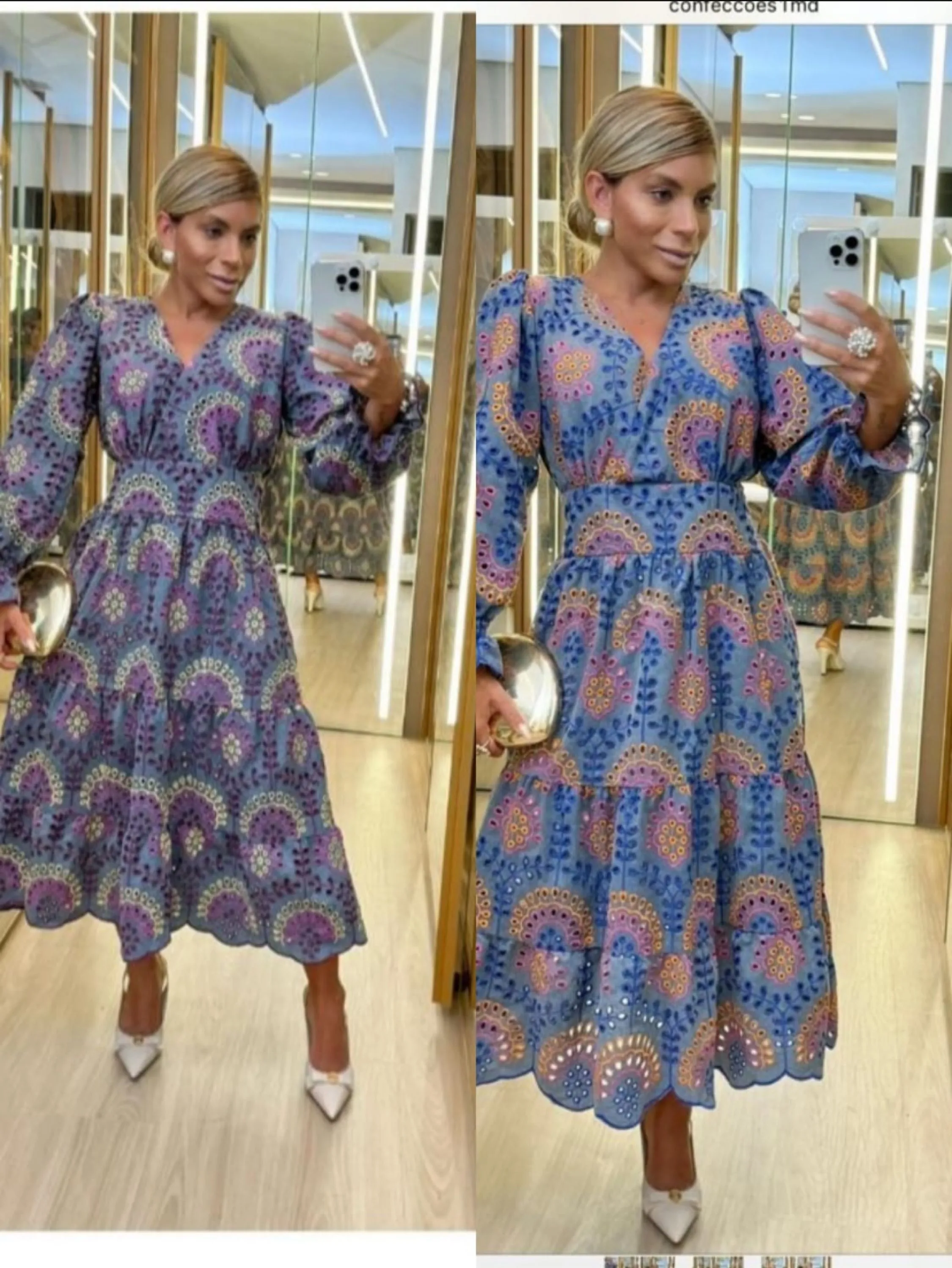 Vestido mídi manga bufante forrado tecido lesse