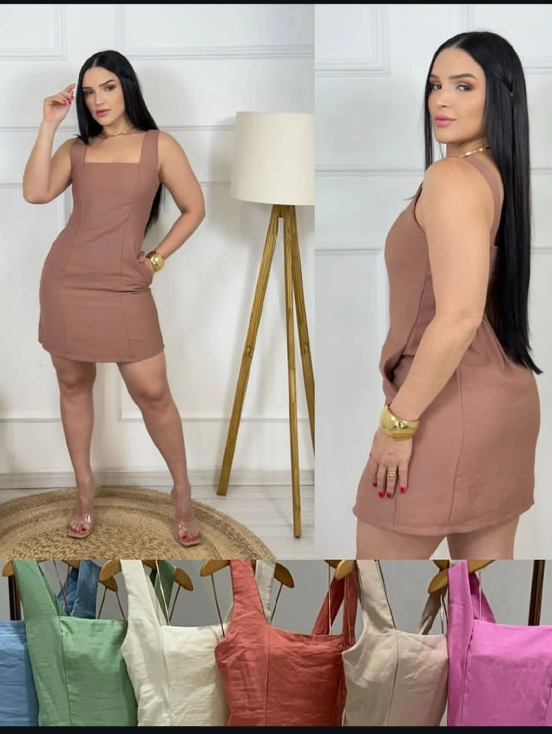 Vestido curto alça grossa com bolsos