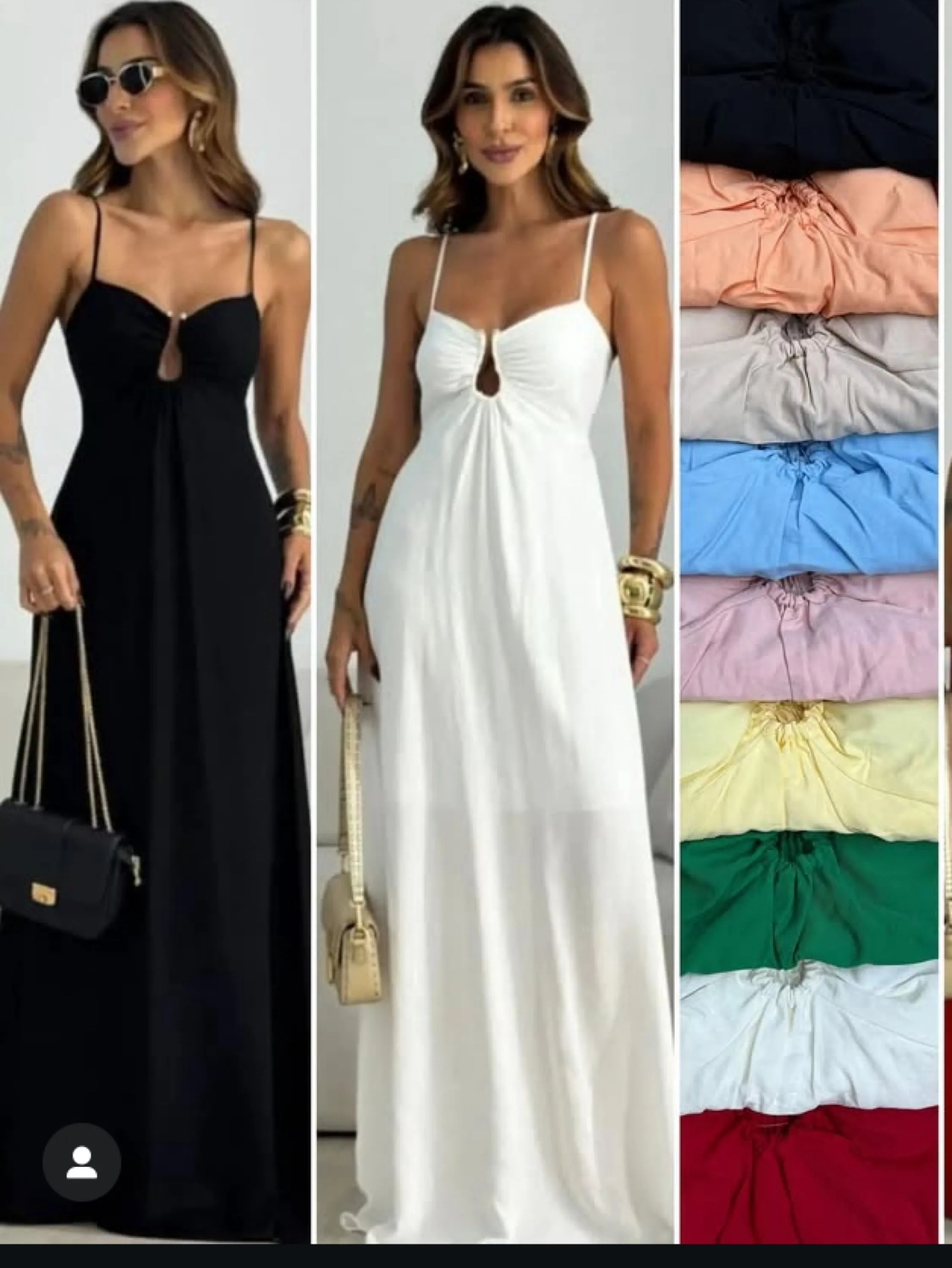 Vestido longo de alça regulável e detalhe no busto