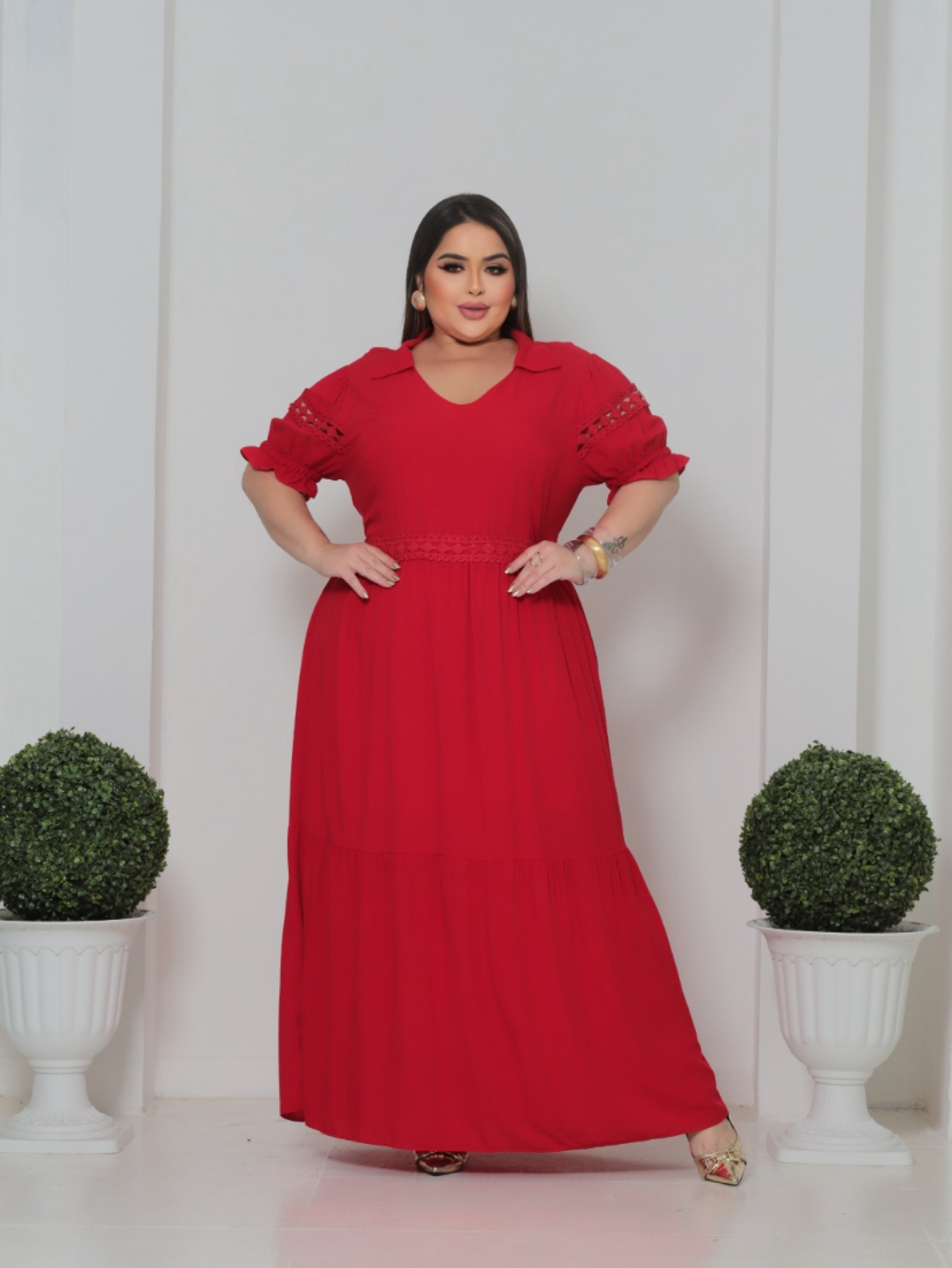 Vestido longo gola V ,com ,forrado Plus size