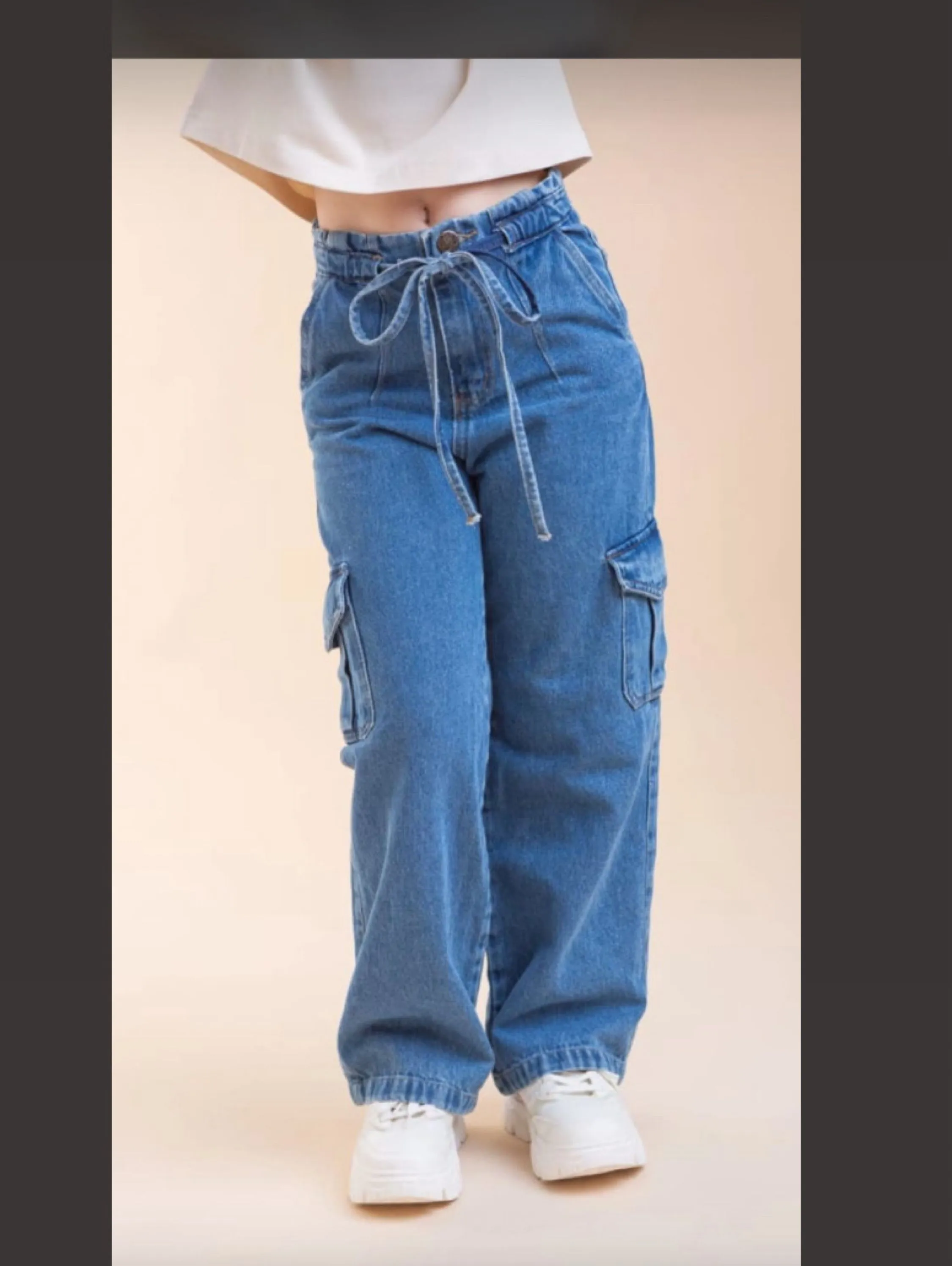 Calça jeans Cargo com cordão de funcional juvenil