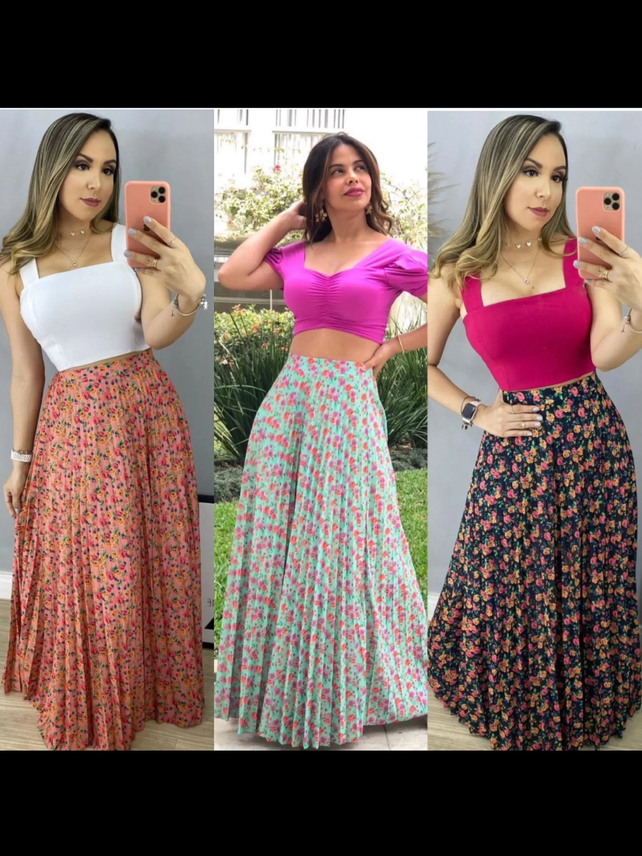 Saia longa floral plissada moda Evangélica