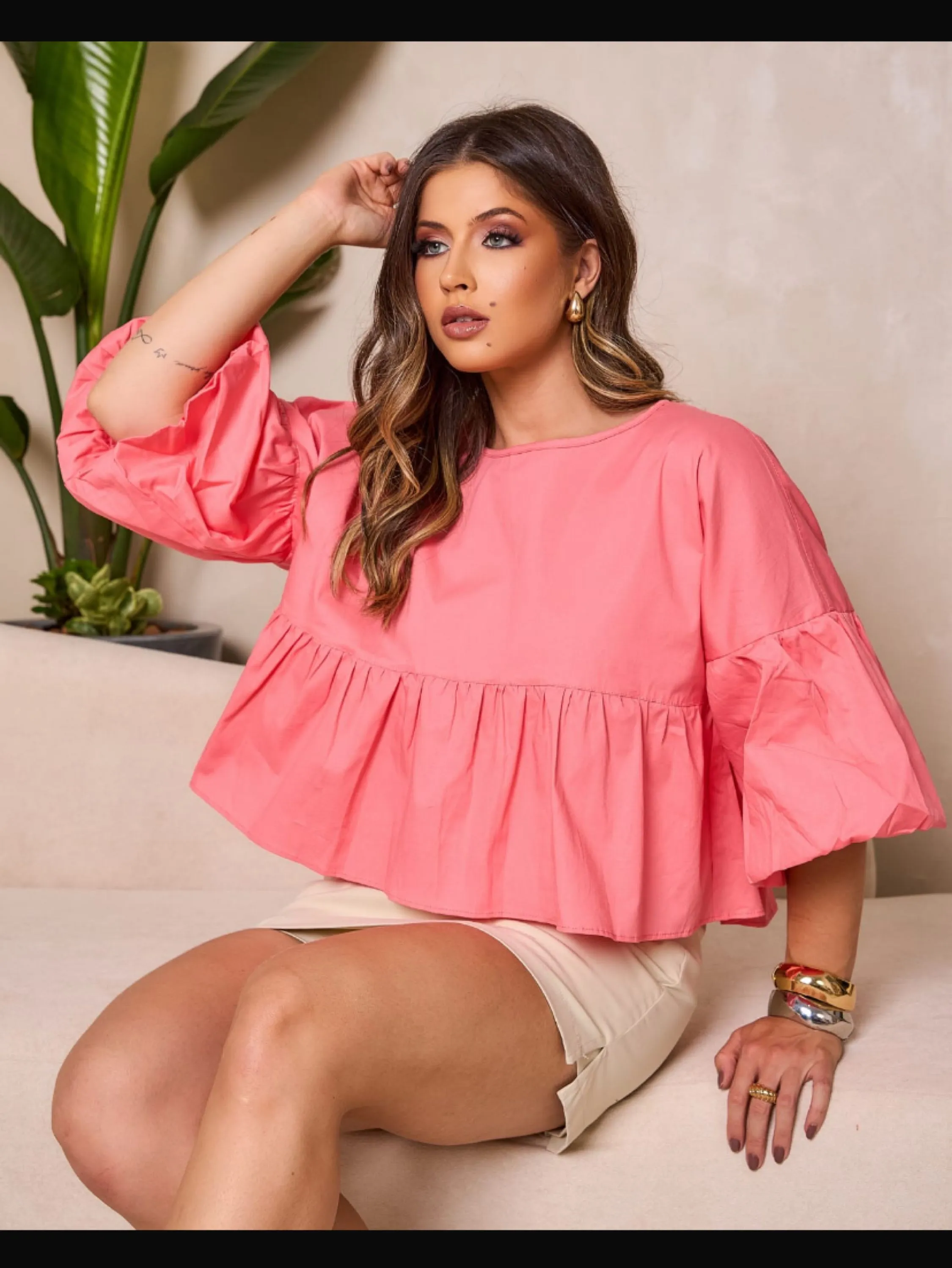 Blusa manga curta balone tecido tricoline