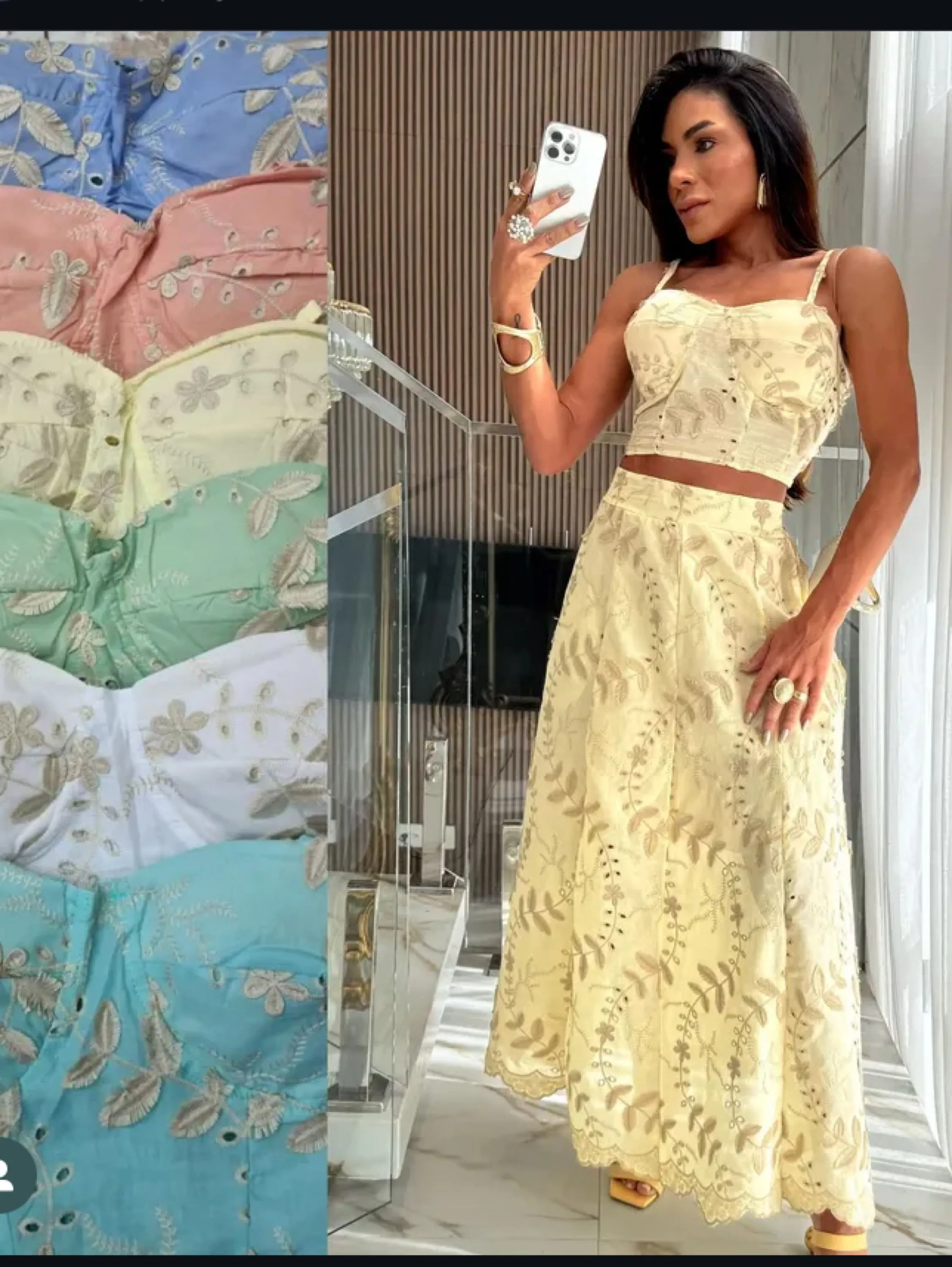Conjunto saia mídi e crooped com Borjo tecido laise