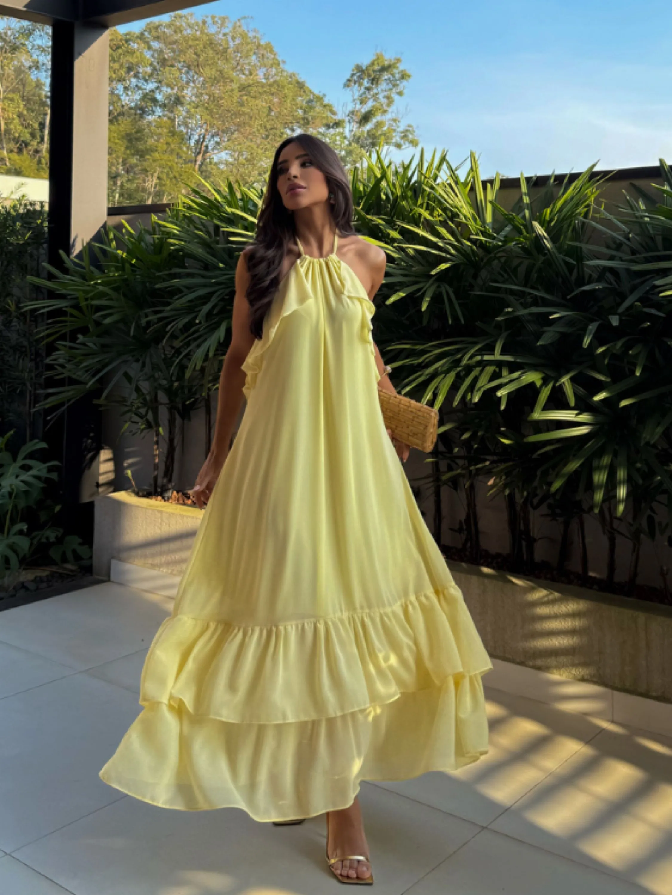 Vestido longo ,frente única com Borjo  tecido chiffon