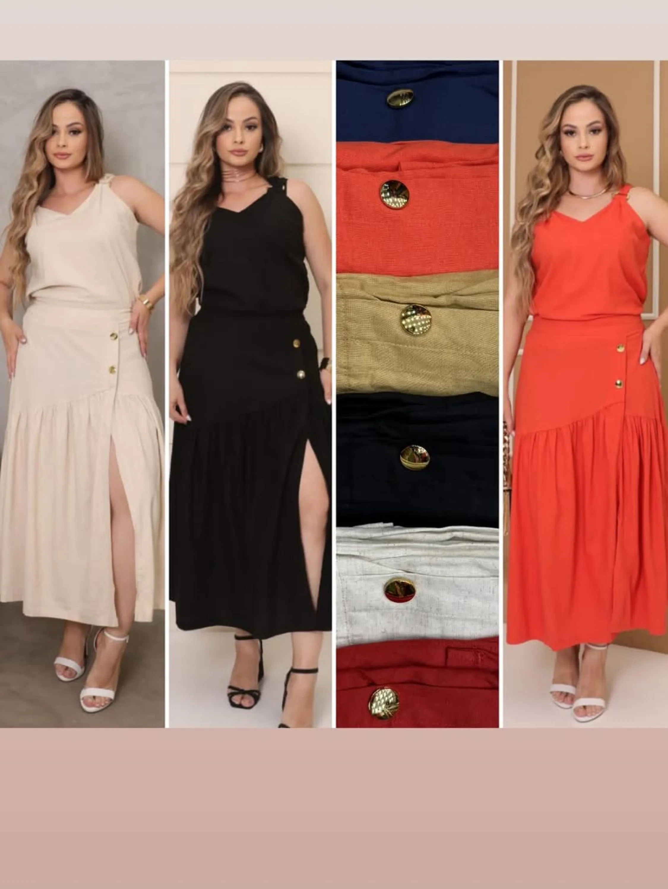 Conjunto saia longa com elástico tecido linho veste até 40