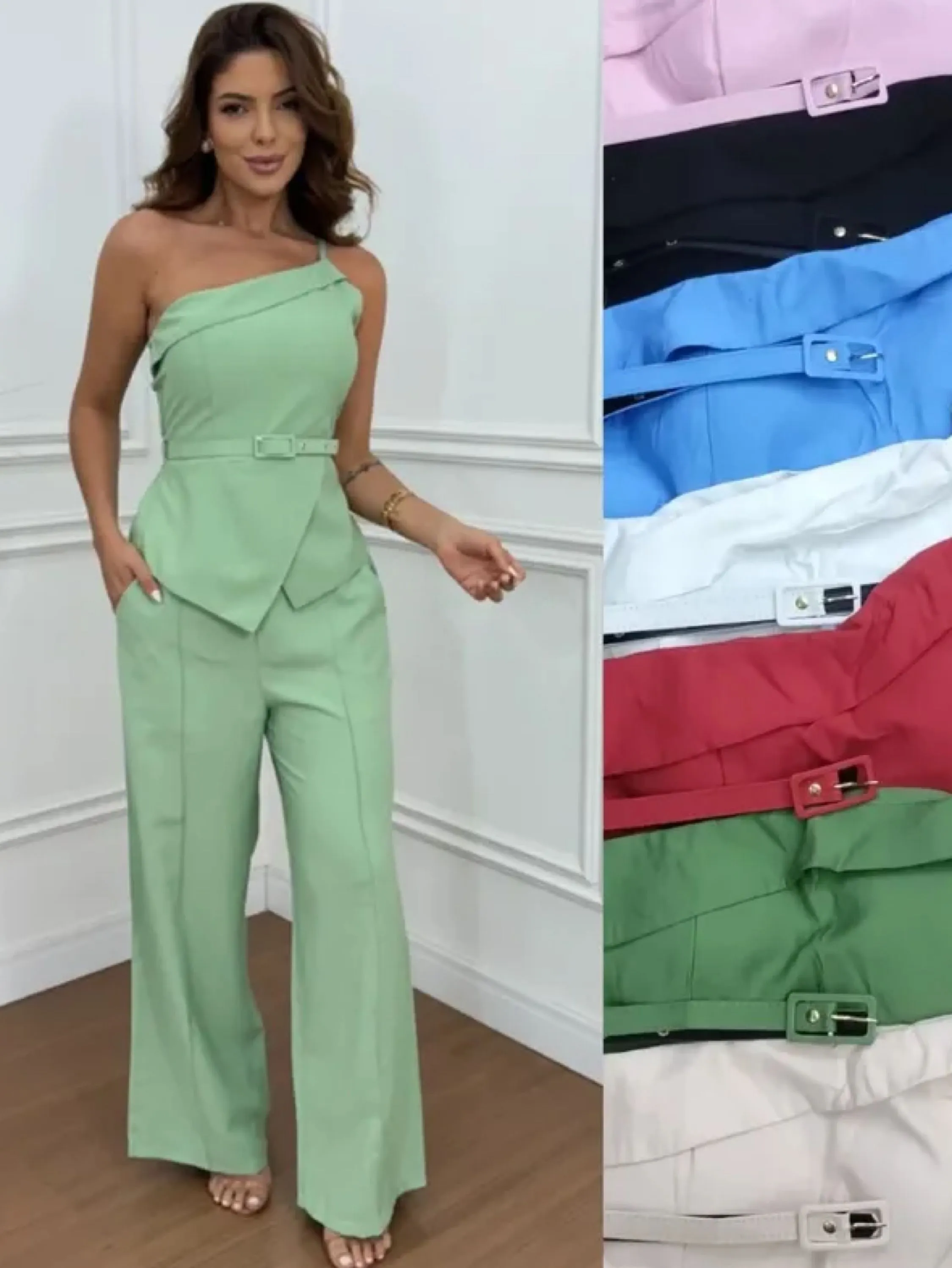 Conjunto Pantalona e blusa de uma alça com cinto