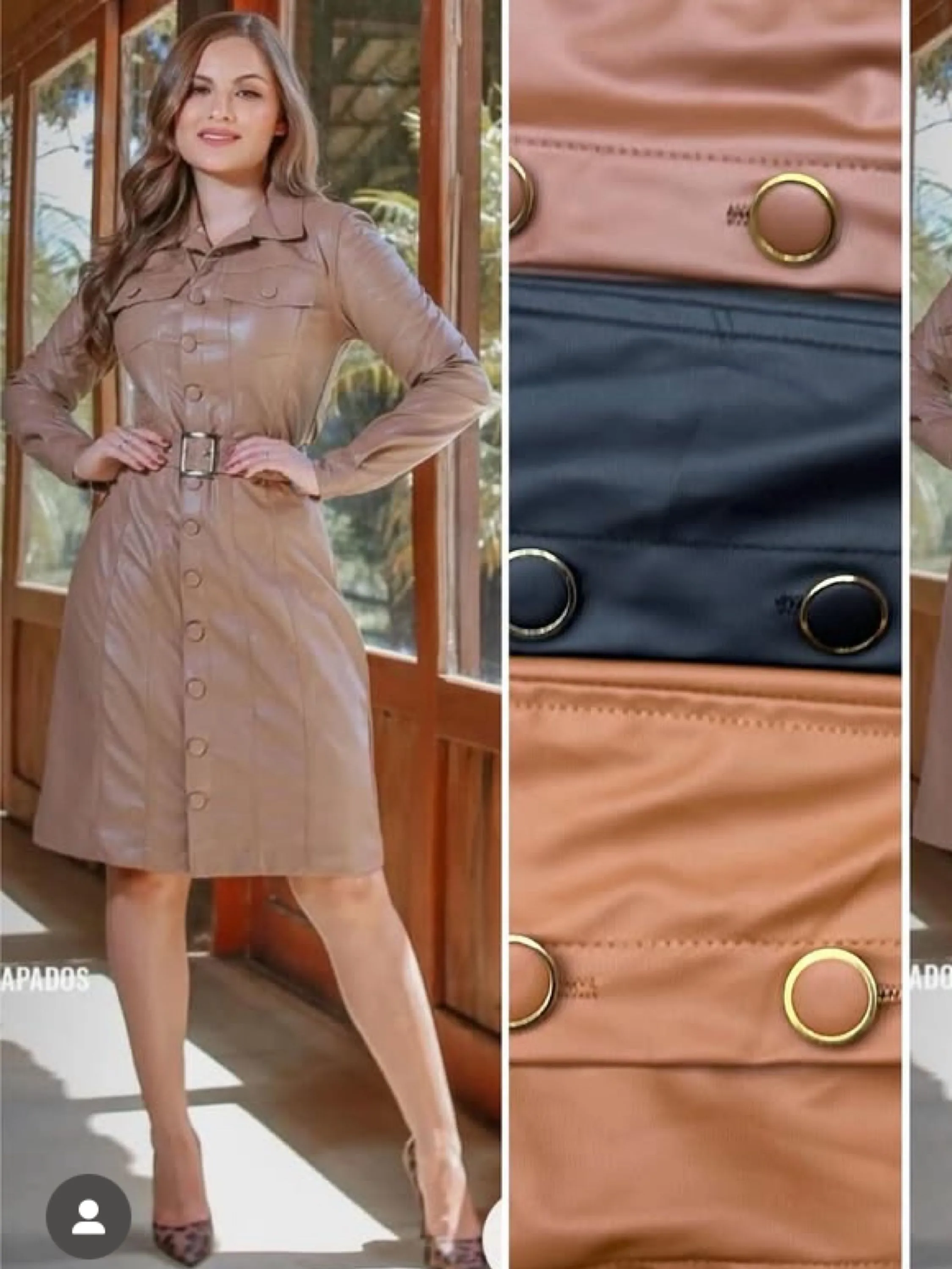 Vestido mídi manga longa com cinto tecido couro fake