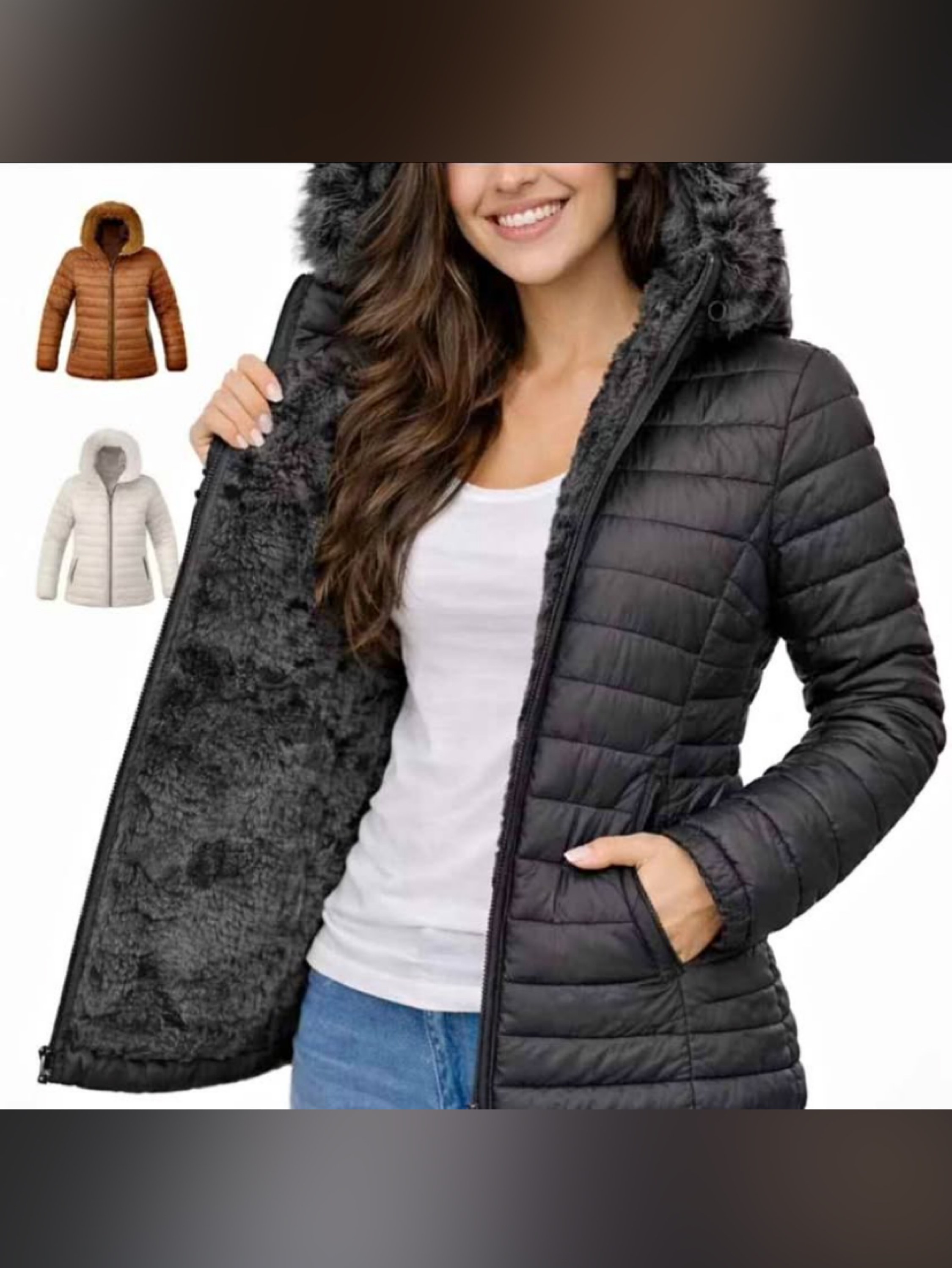 Jaqueta puffer acolchoada com capuz peluciada