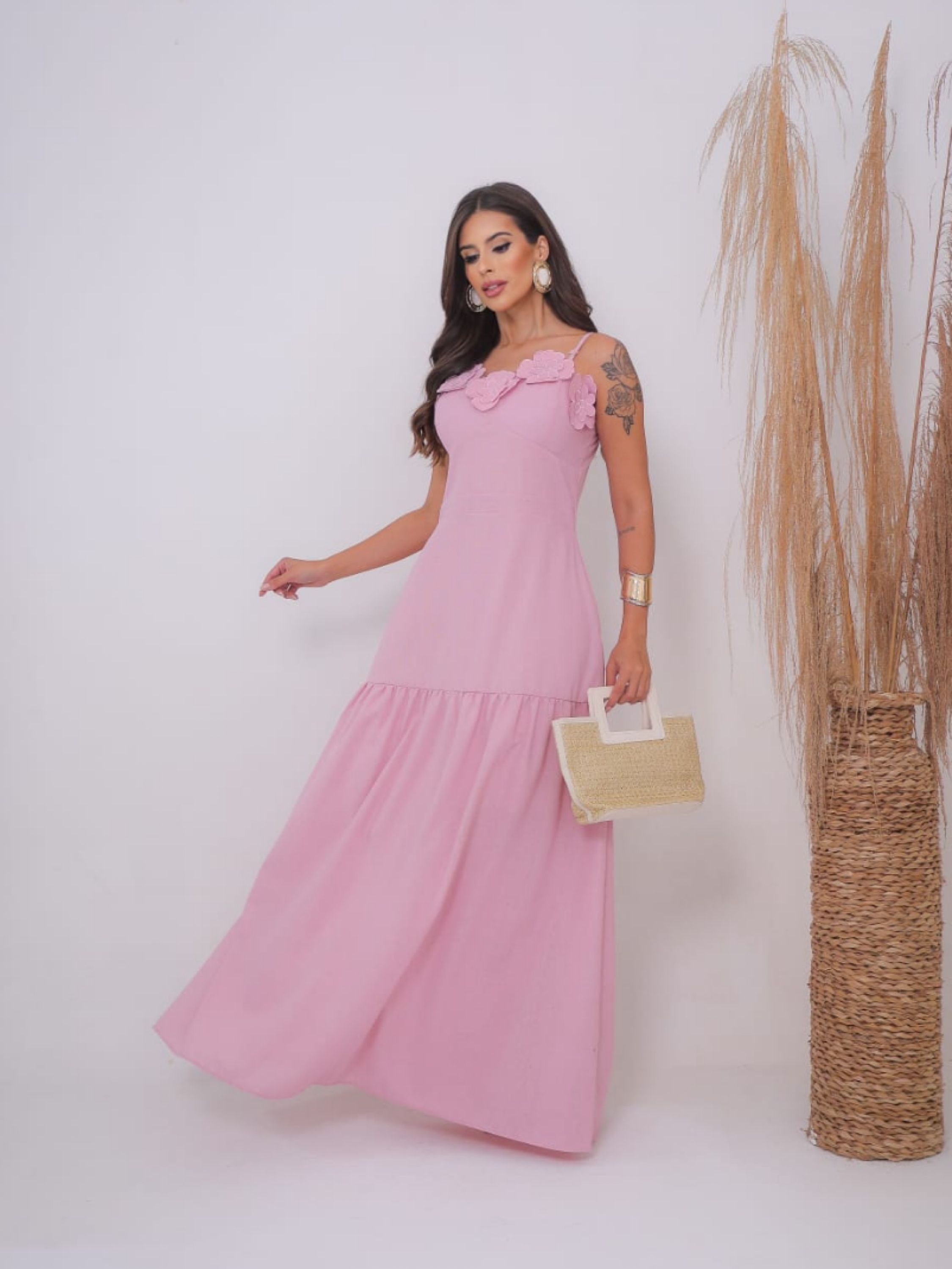 Vestifo longo com bordado no linho