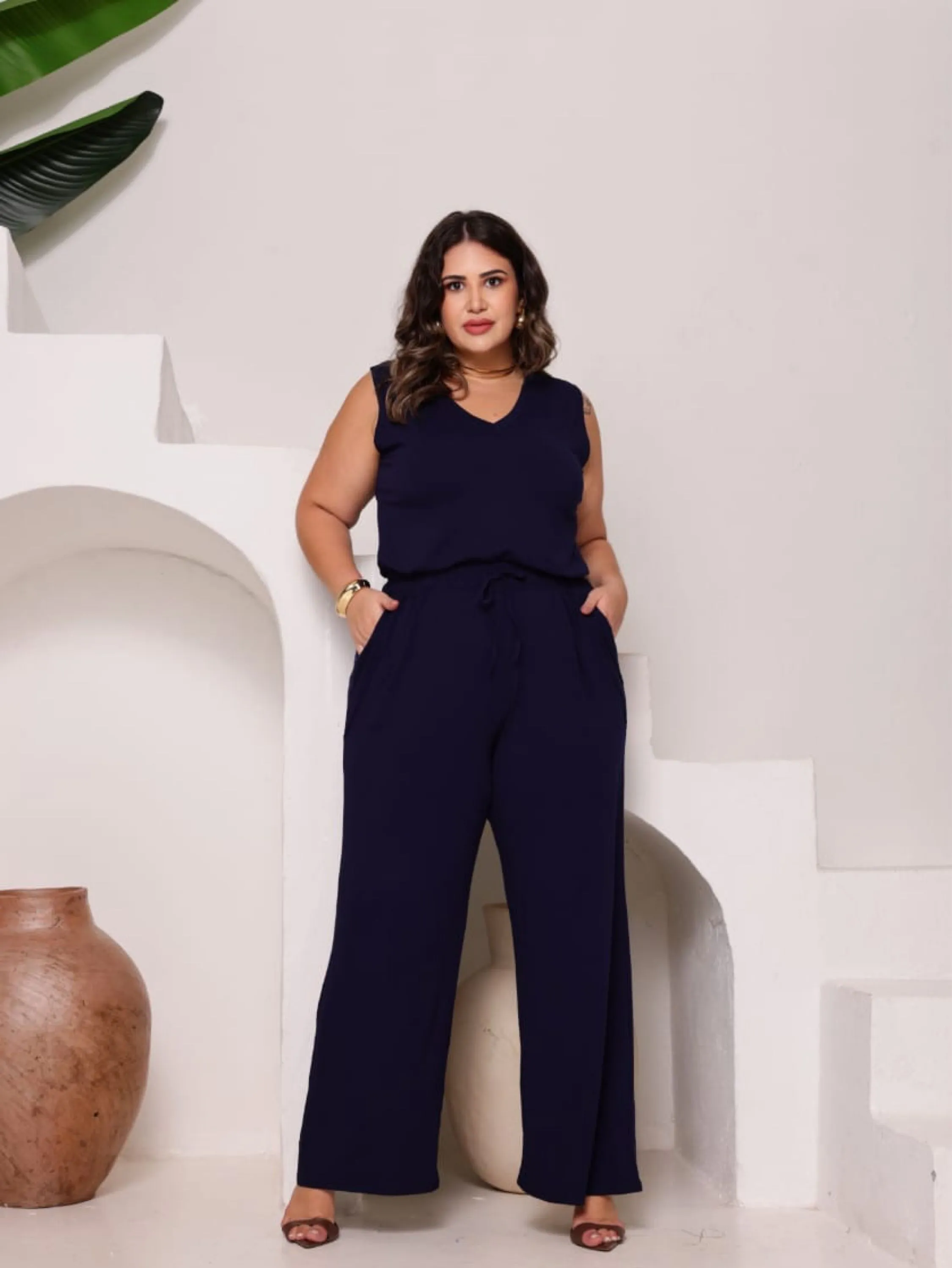 Conjunto Pantalona e regata V plus size tecido viscolycra