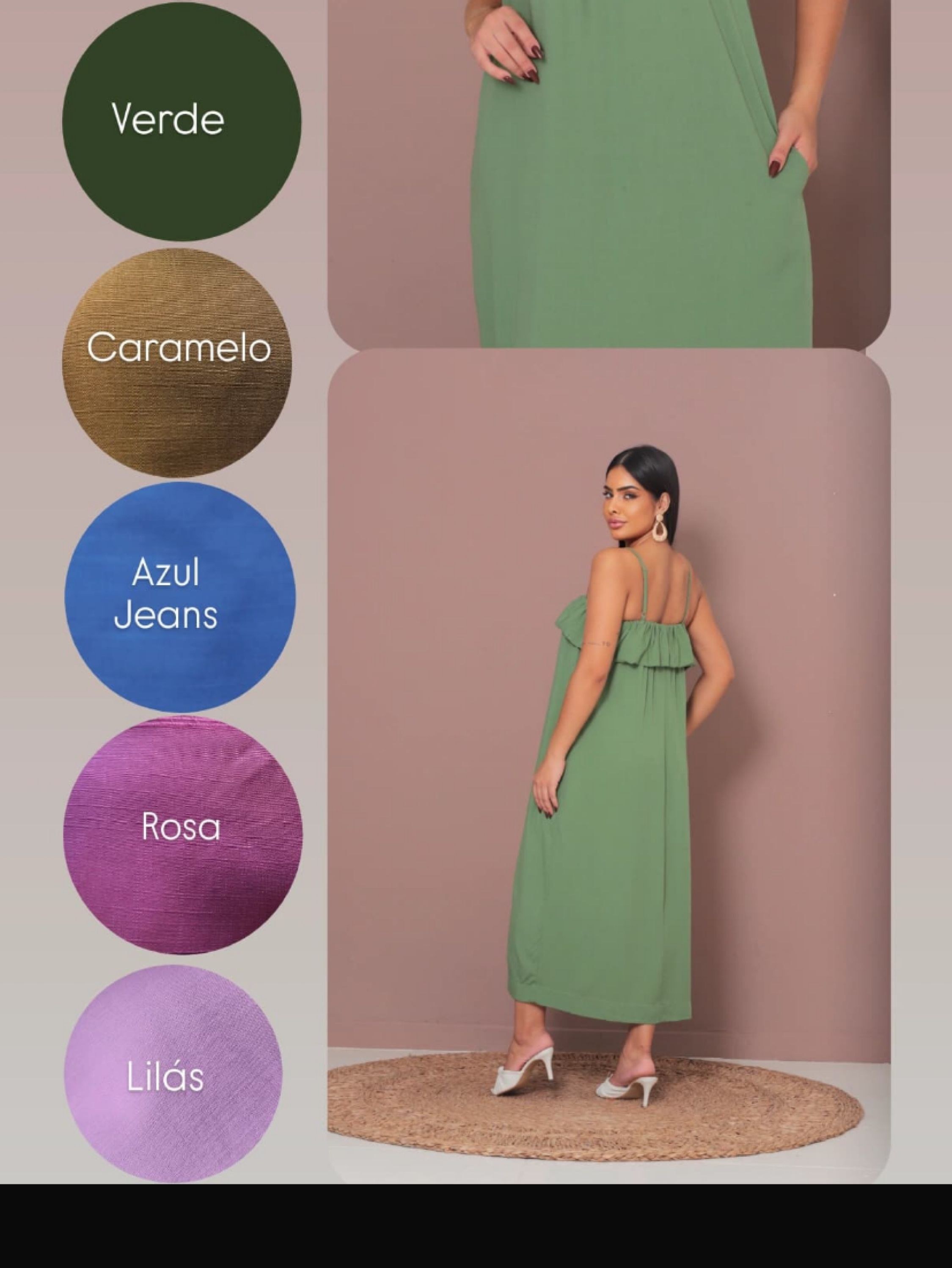 Vestido luna longuete detalhe babado duplo ,alça regulavel